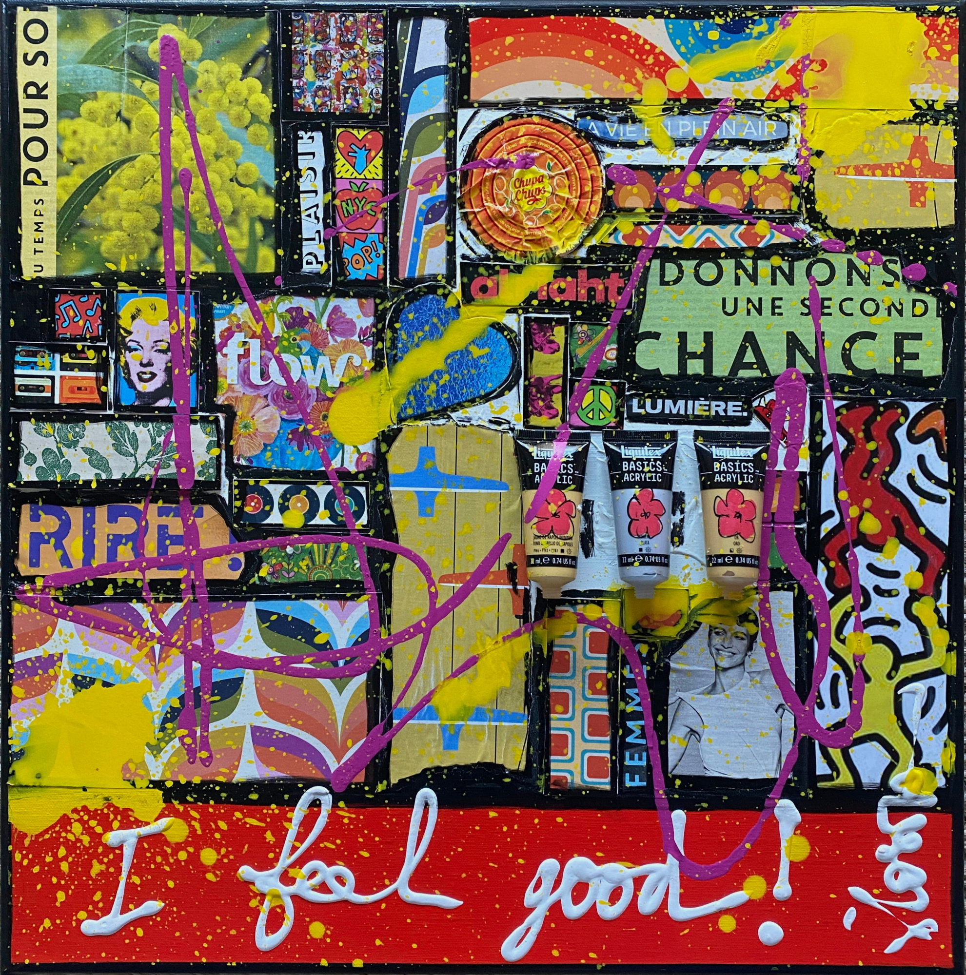 collage, enjoy, multicolore Tableau Contemporain, I feel good!. Sophie Costa, artiste peintre.