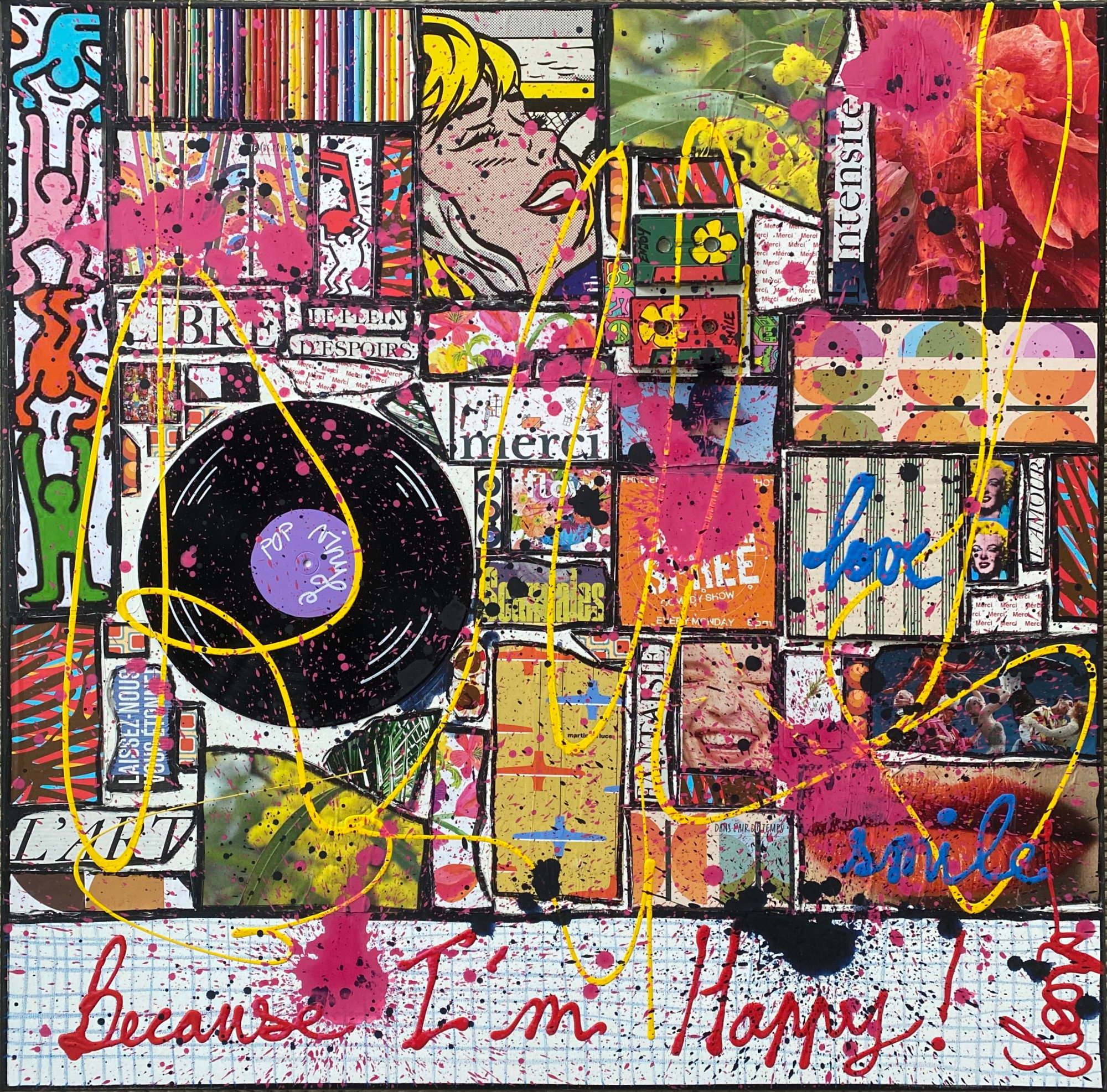 happy, collage, multicolore Tableau Contemporain, Because I&#039;m Happy !. Sophie Costa, artiste peintre.