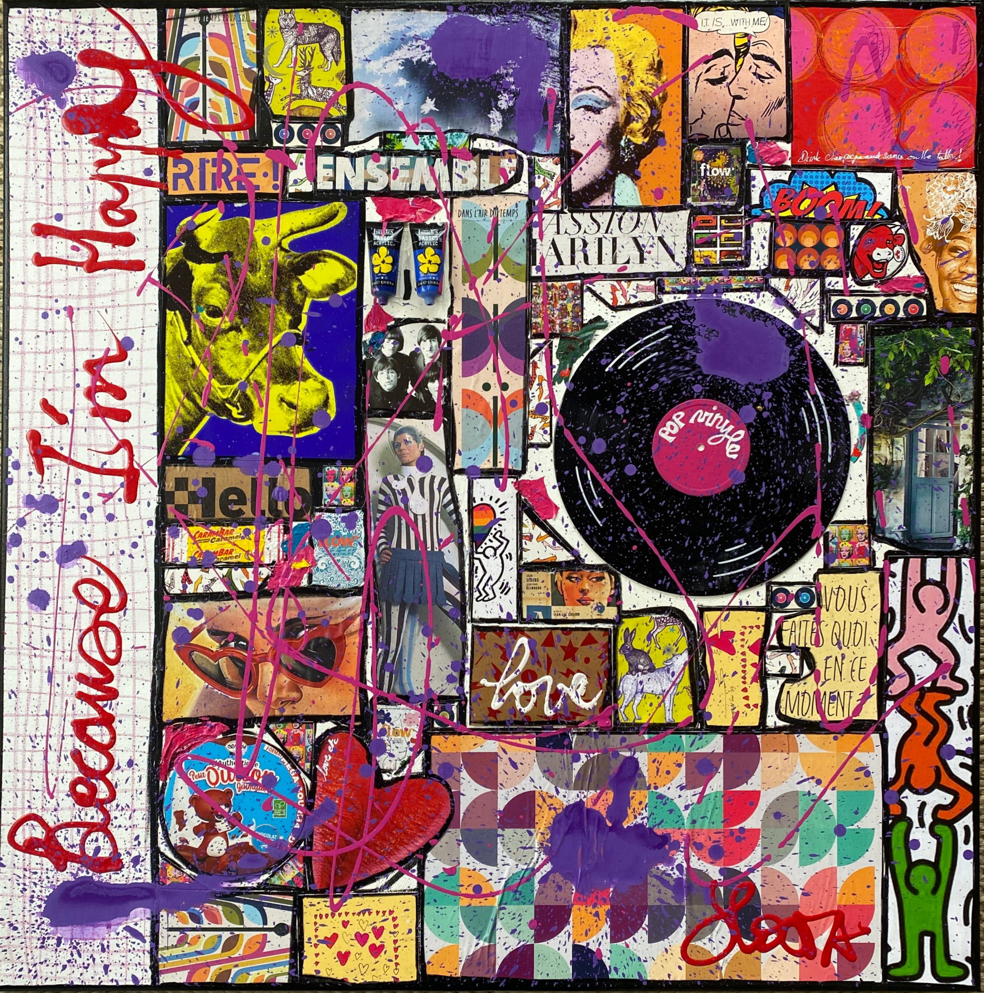 collage, la vie est belle, multicolore Tableau Contemporain, Because I&#039;m Happy !. Sophie Costa, artiste peintre.