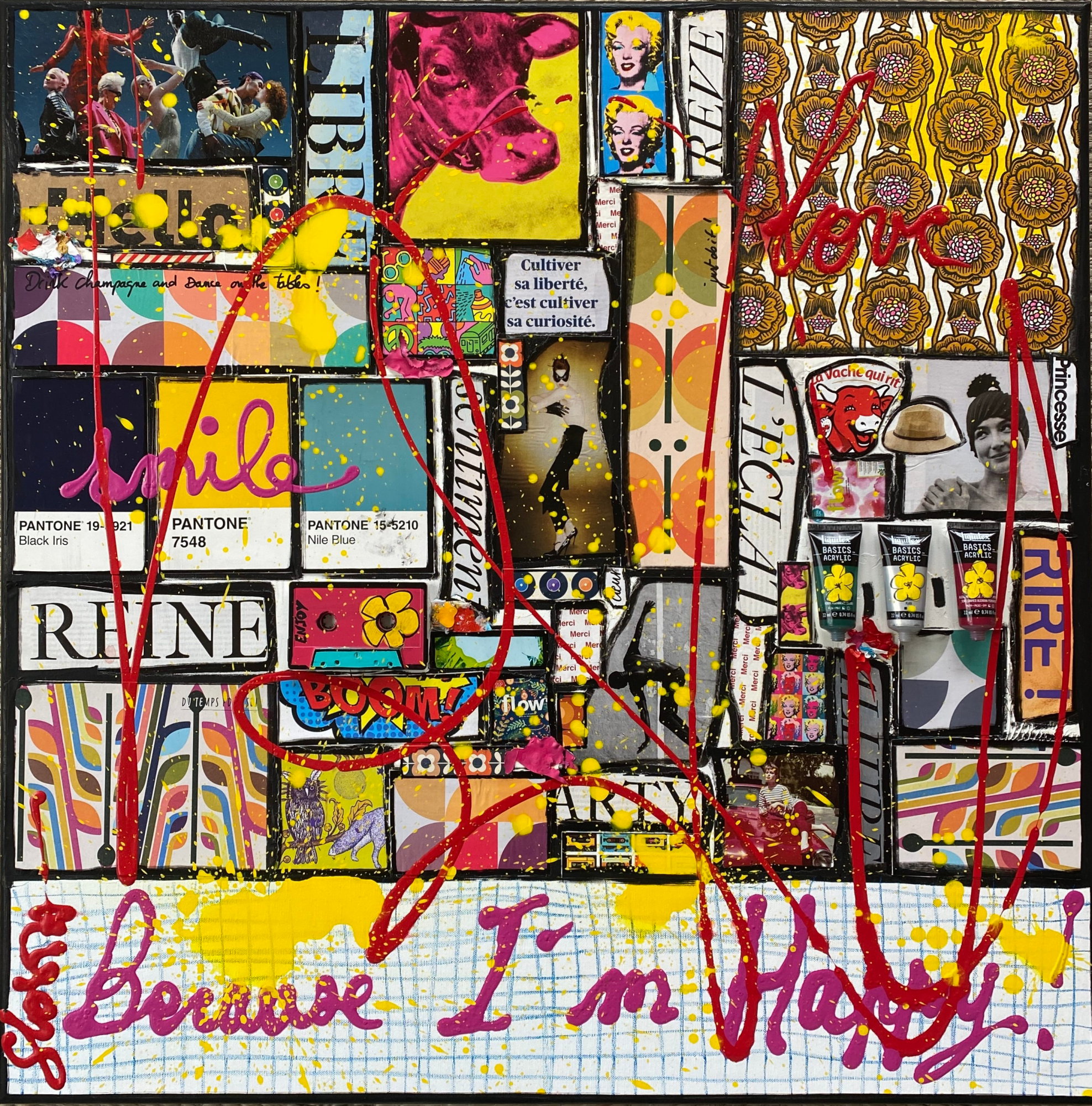 Because I'm Happy ! : tableau de Sophie Costa, artiste peintre collage, la vie est belle, multicolore Tableau Contemporain, Because I'm Happy !. Sophie Costa, artiste peintre.