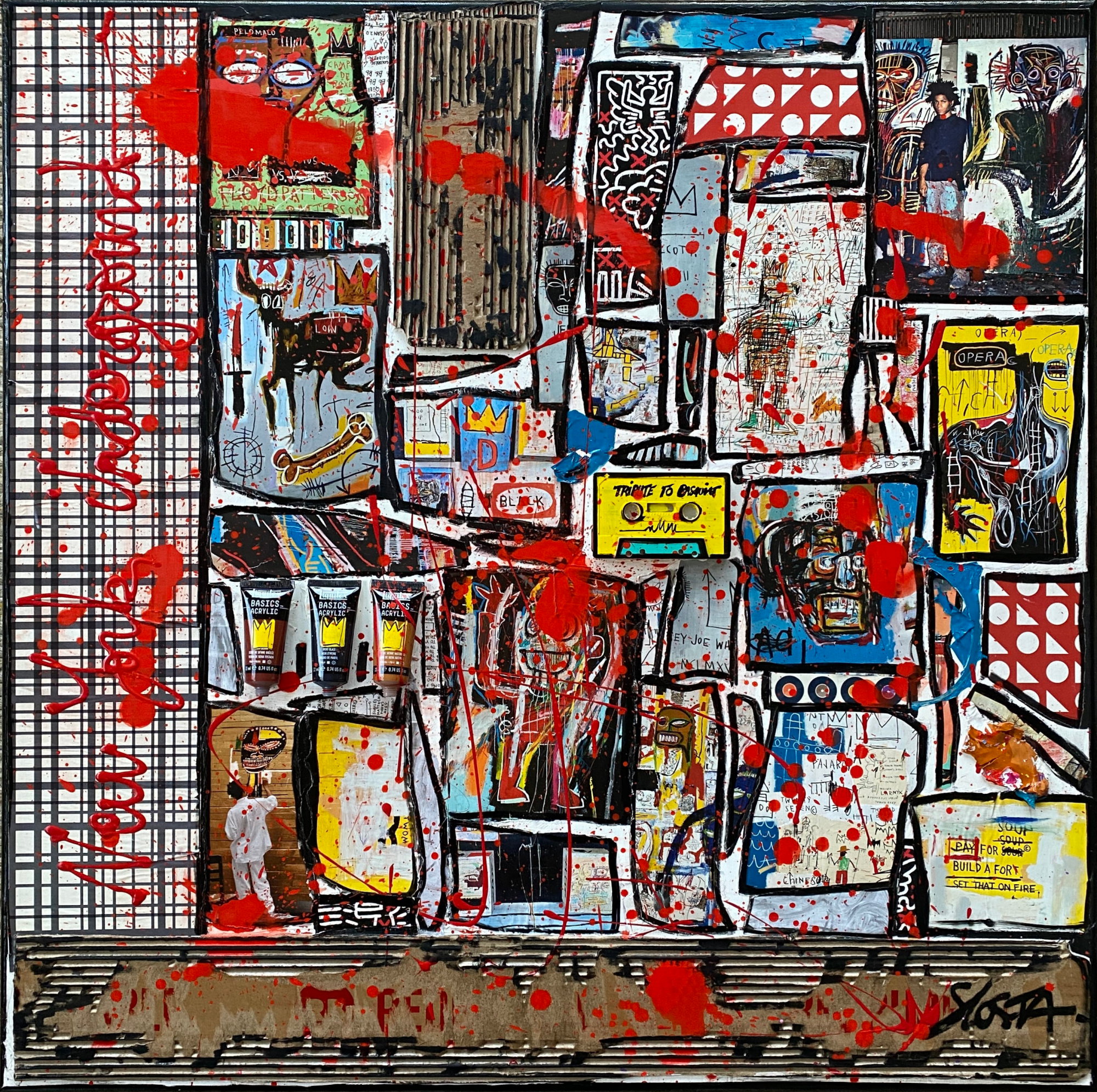 collage, basquiat, multicolore Tableau Contemporain, Basquiat, the king !. Sophie Costa, artiste peintre.