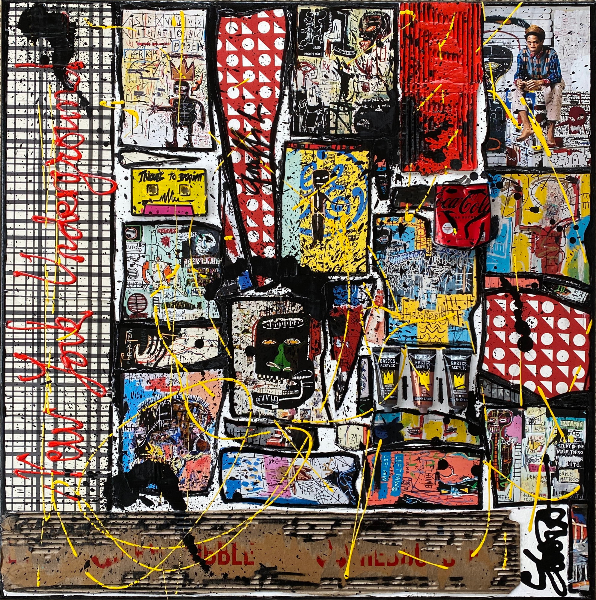 collage, basquiat, multicolore Tableau Contemporain, Basquiat, the one !. Sophie Costa, artiste peintre.