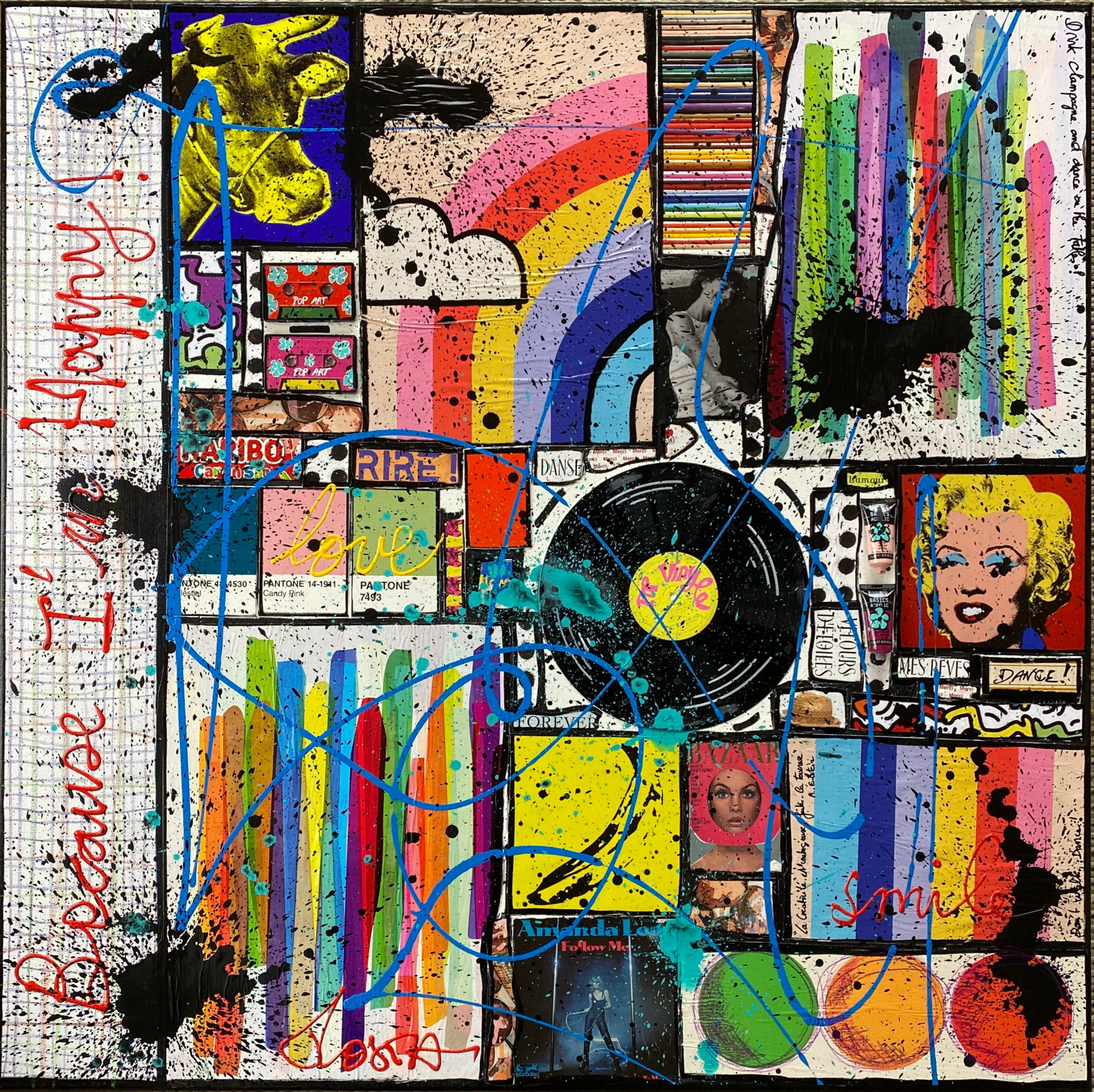 collage, multicolore, la vie est belle Tableau Contemporain, Because I&#039;m Happy !. Sophie Costa, artiste peintre.