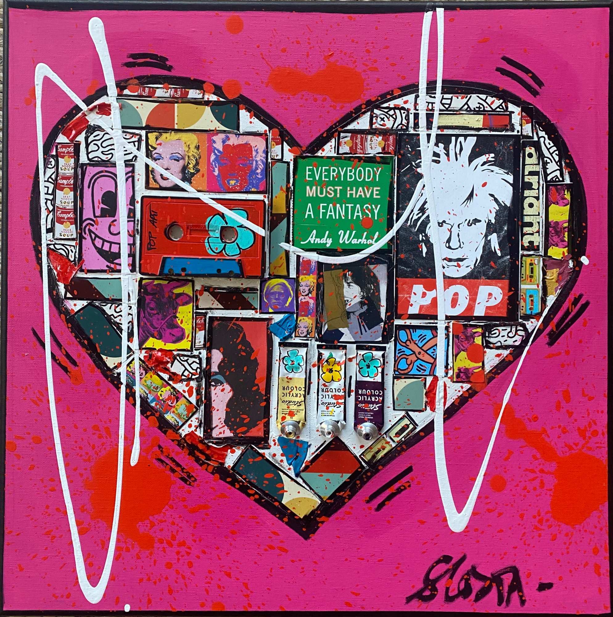 He(ART) (rose) : tableau de Sophie Costa, artiste peintre collage, rose, coeur, pop art Tableau Contemporain, He(ART) (rose). Sophie Costa, artiste peintre.