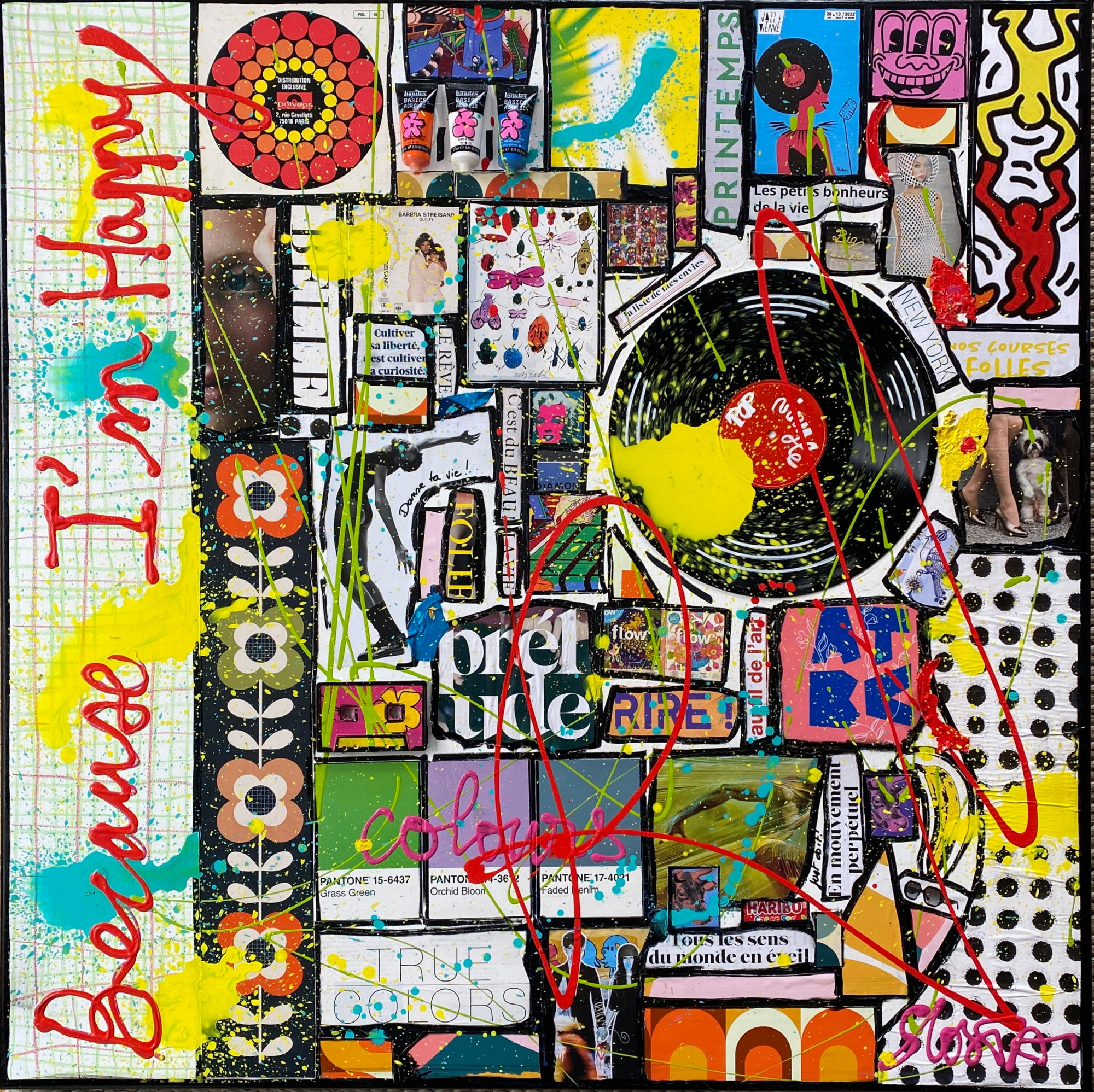 Because I'm Happy ! : tableau de Sophie Costa, artiste peintre collage, multicolore, happy life Tableau Contemporain, Because I'm Happy !. Sophie Costa, artiste peintre.