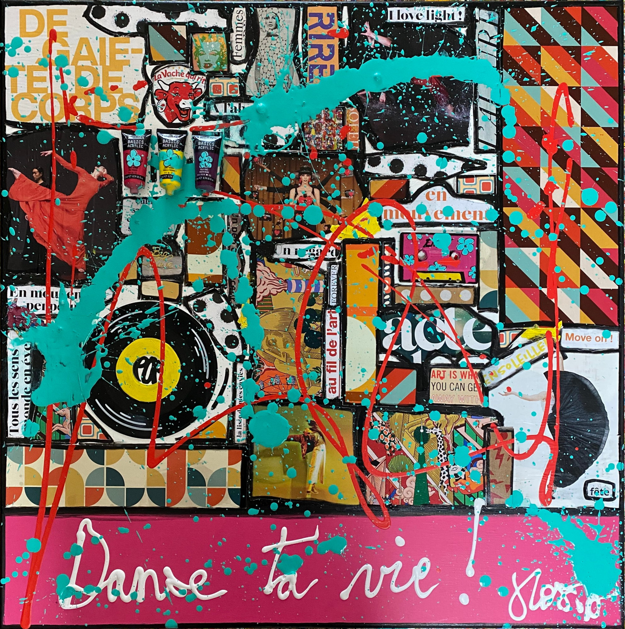collage, multicolore, danse Tableau Contemporain, Danse ta vie !. Sophie Costa, artiste peintre.