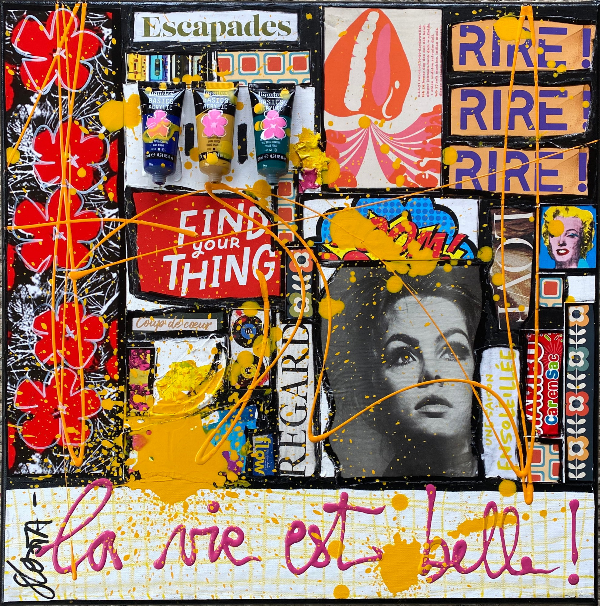 La vie est belle ! : tableau de Sophie Costa, artiste peintre collage, multicolore, la vie est belle Tableau Contemporain, La vie est belle !. Sophie Costa, artiste peintre.