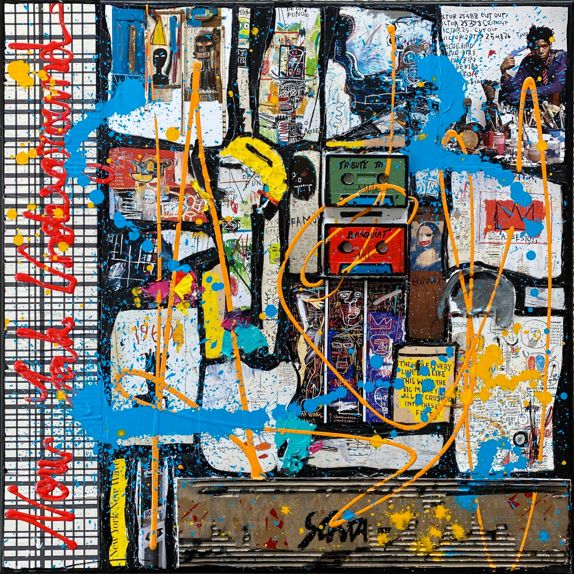 collage, basquiat, multicolore Tableau Contemporain, Basquiat, the king !. Sophie Costa, artiste peintre.
