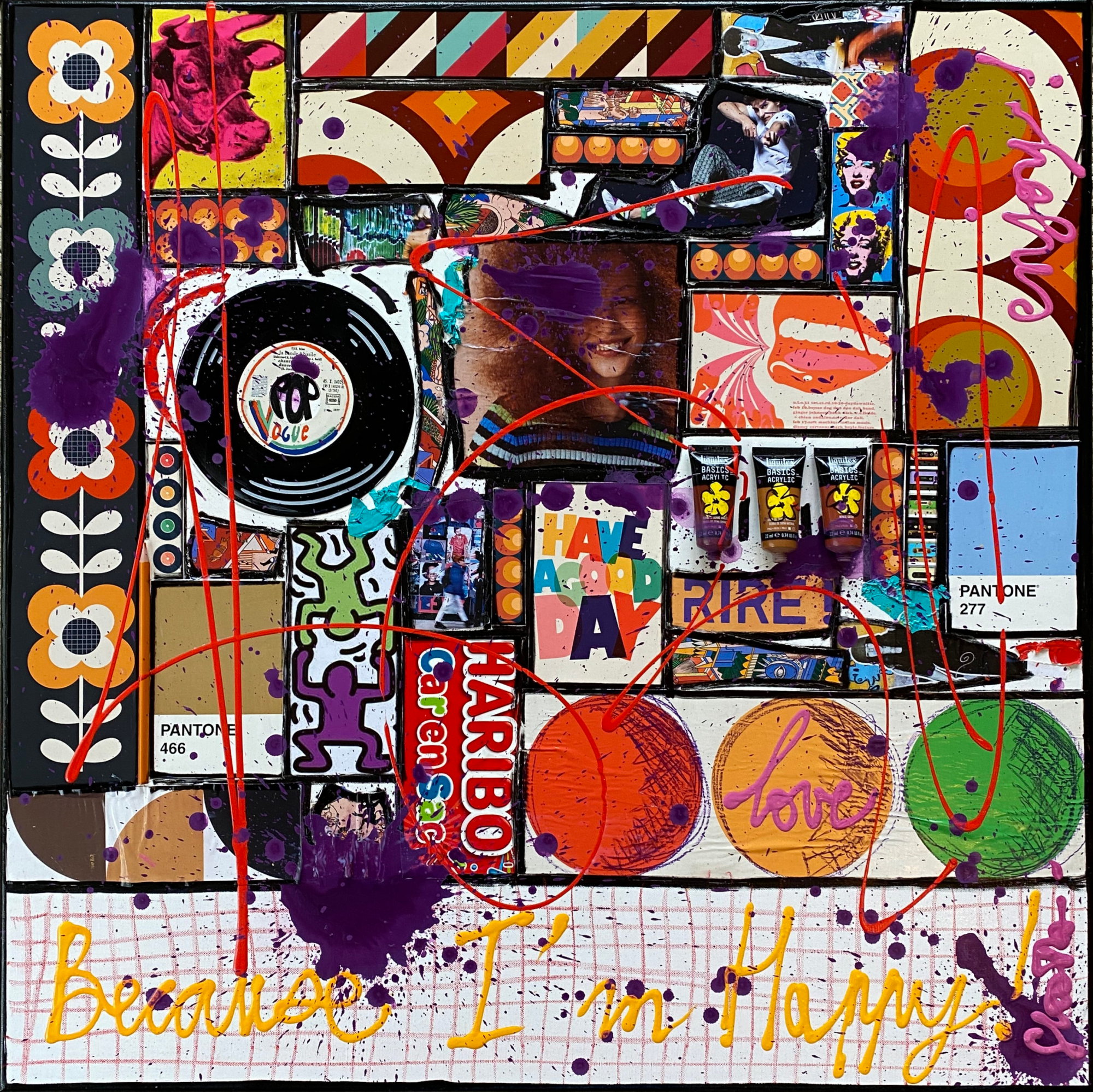 collage, multicolore, la vie est belle Tableau Contemporain, Because I&#039;m Happy !. Sophie Costa, artiste peintre.