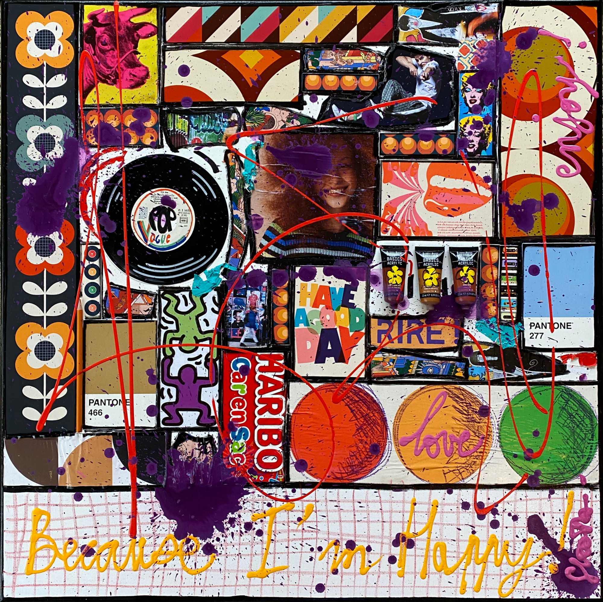 Because I'm Happy ! : tableau de Sophie Costa, artiste peintre collage, multicolore, la vie est belle Tableau Contemporain, Because I'm Happy !. Sophie Costa, artiste peintre.