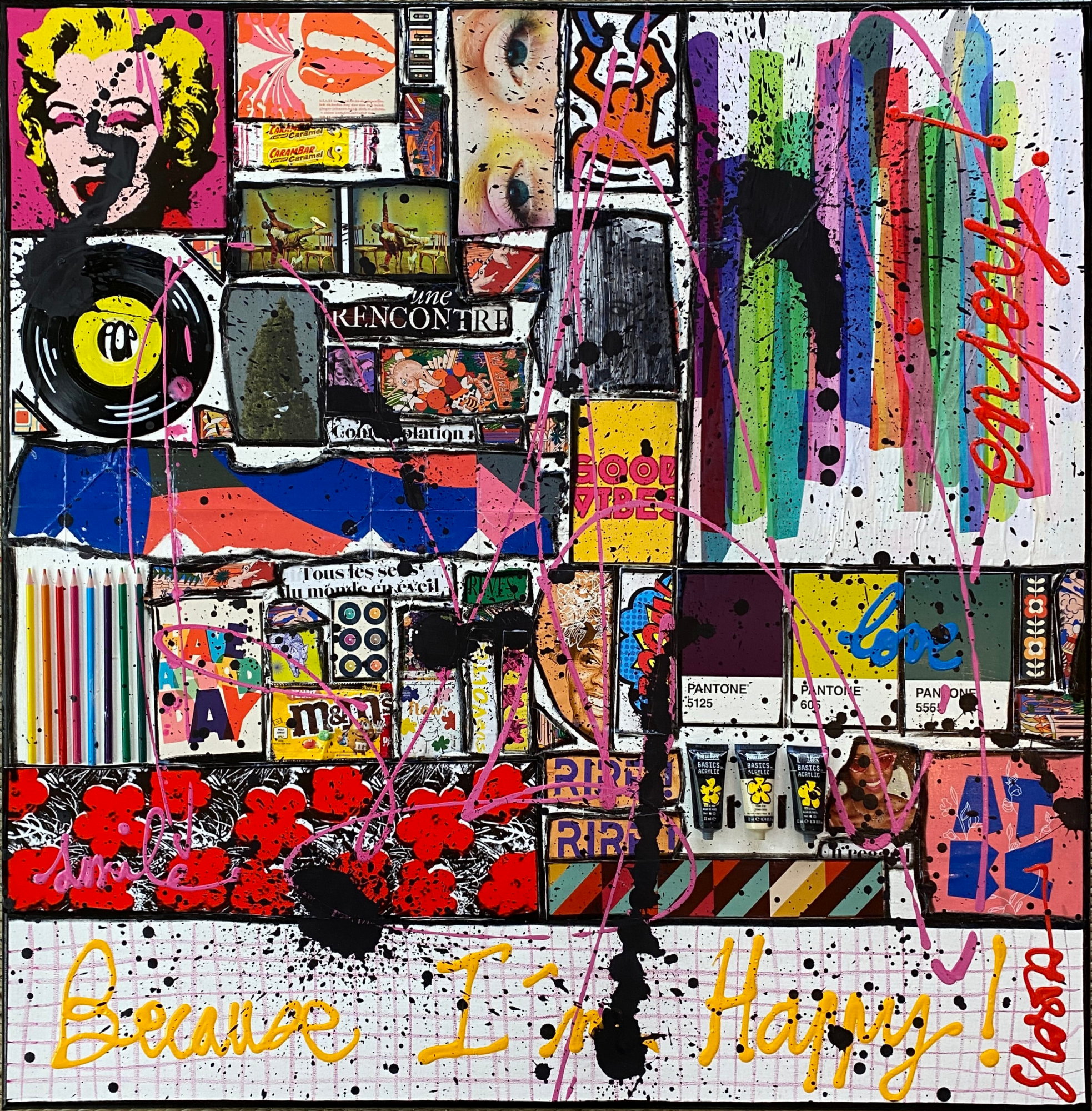 collage, multicolore, la vie est belle Tableau Contemporain, Because I&#039;m Happy!. Sophie Costa, artiste peintre.