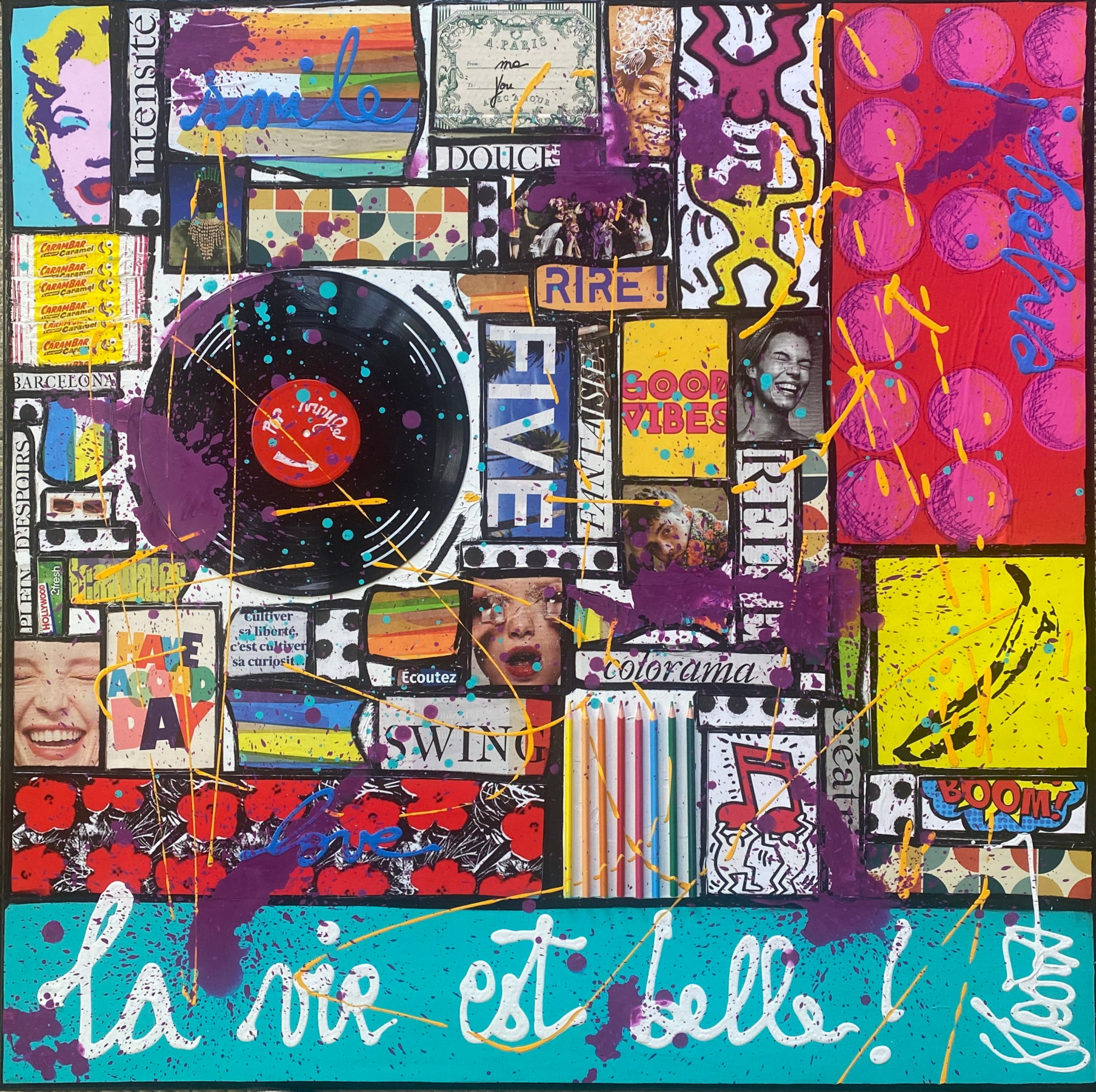 La vie est belle ! : tableau de Sophie Costa, artiste peintre collage, multicolore, la vie est belle Tableau Contemporain, La vie est belle !. Sophie Costa, artiste peintre.