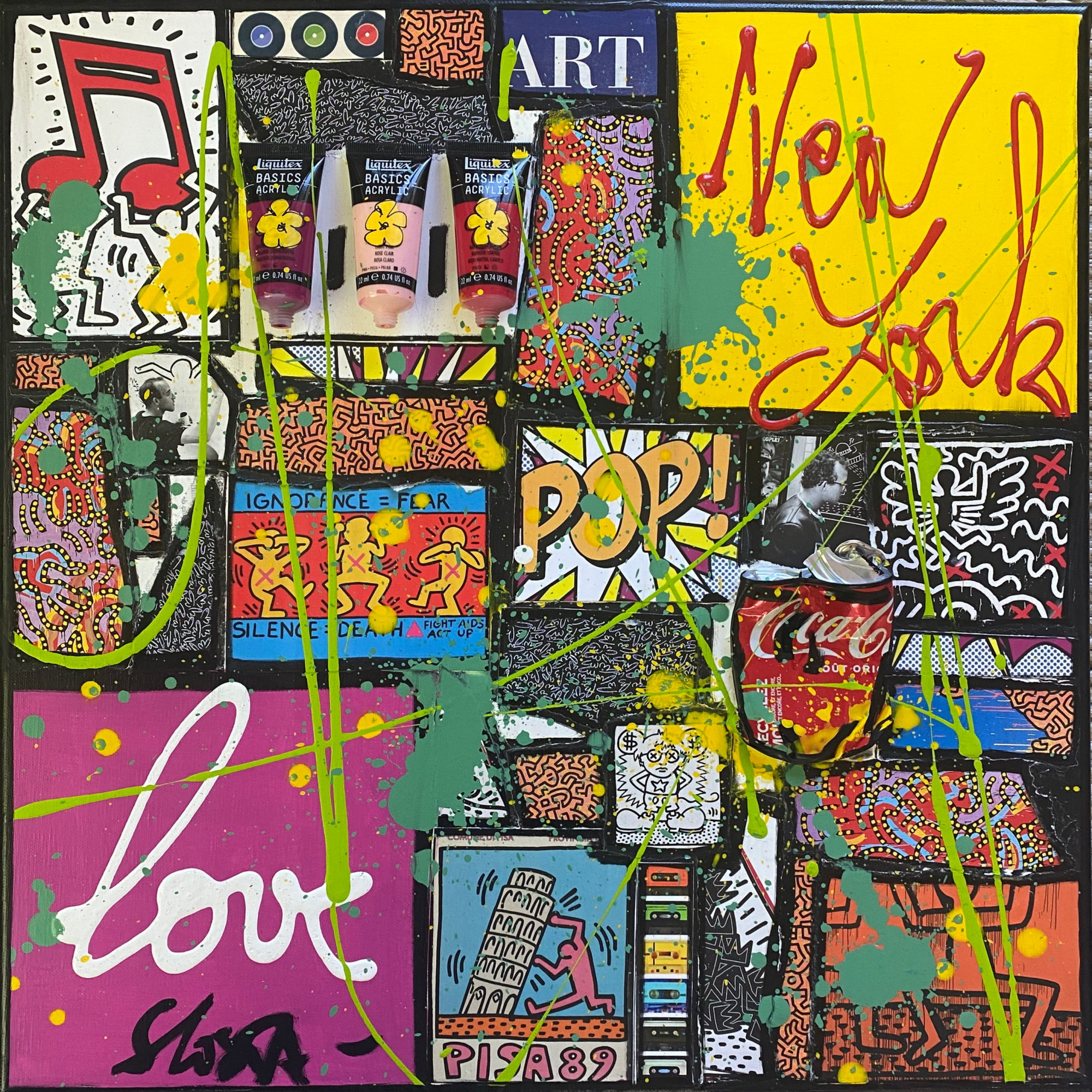 collage, multicolore, pop ,K.Haring Tableau Contemporain, Love by K.haring. Sophie Costa, artiste peintre.