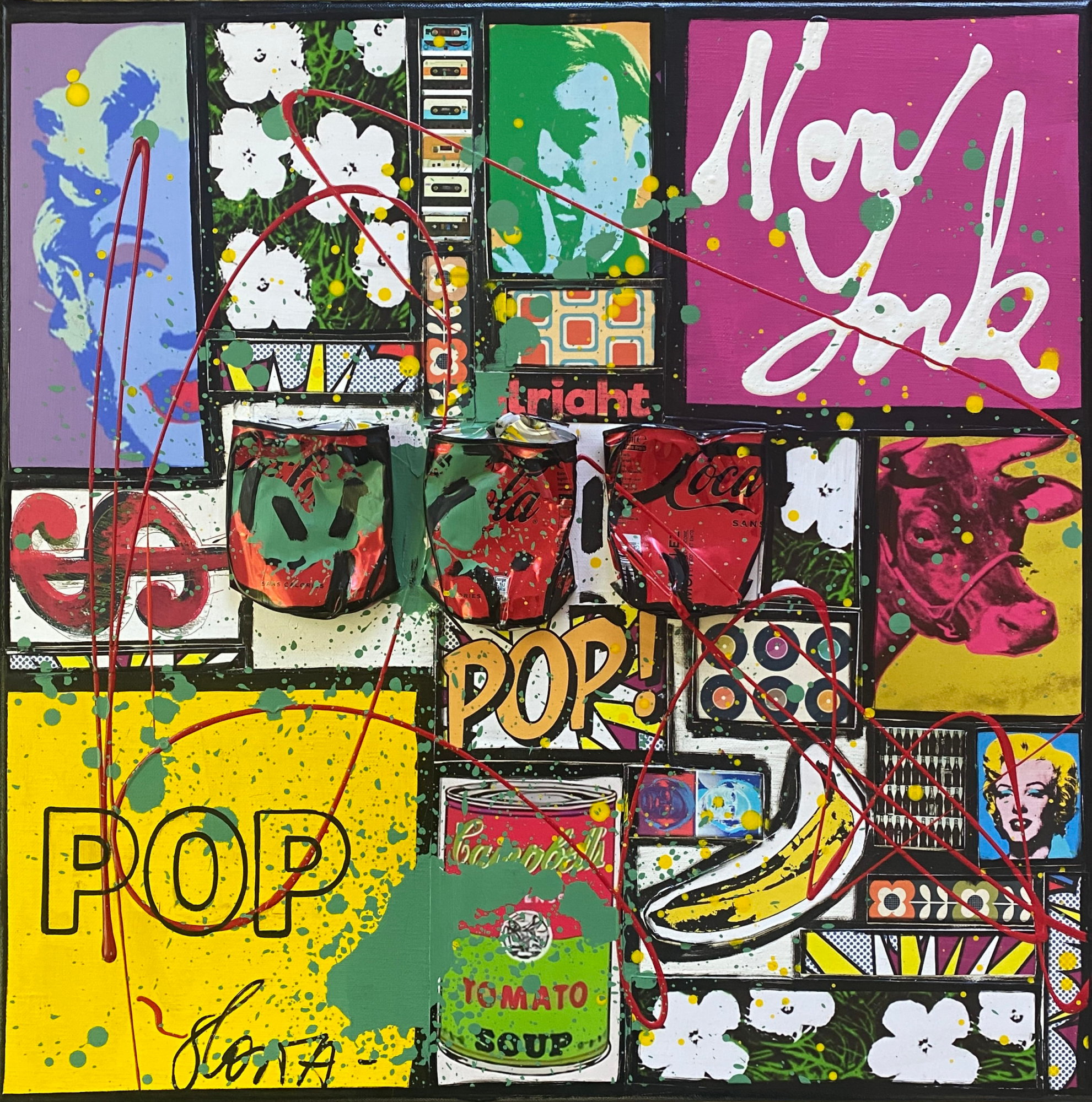 collage, multicolore, pop art Tableau Contemporain, POP NY. Sophie Costa, artiste peintre.