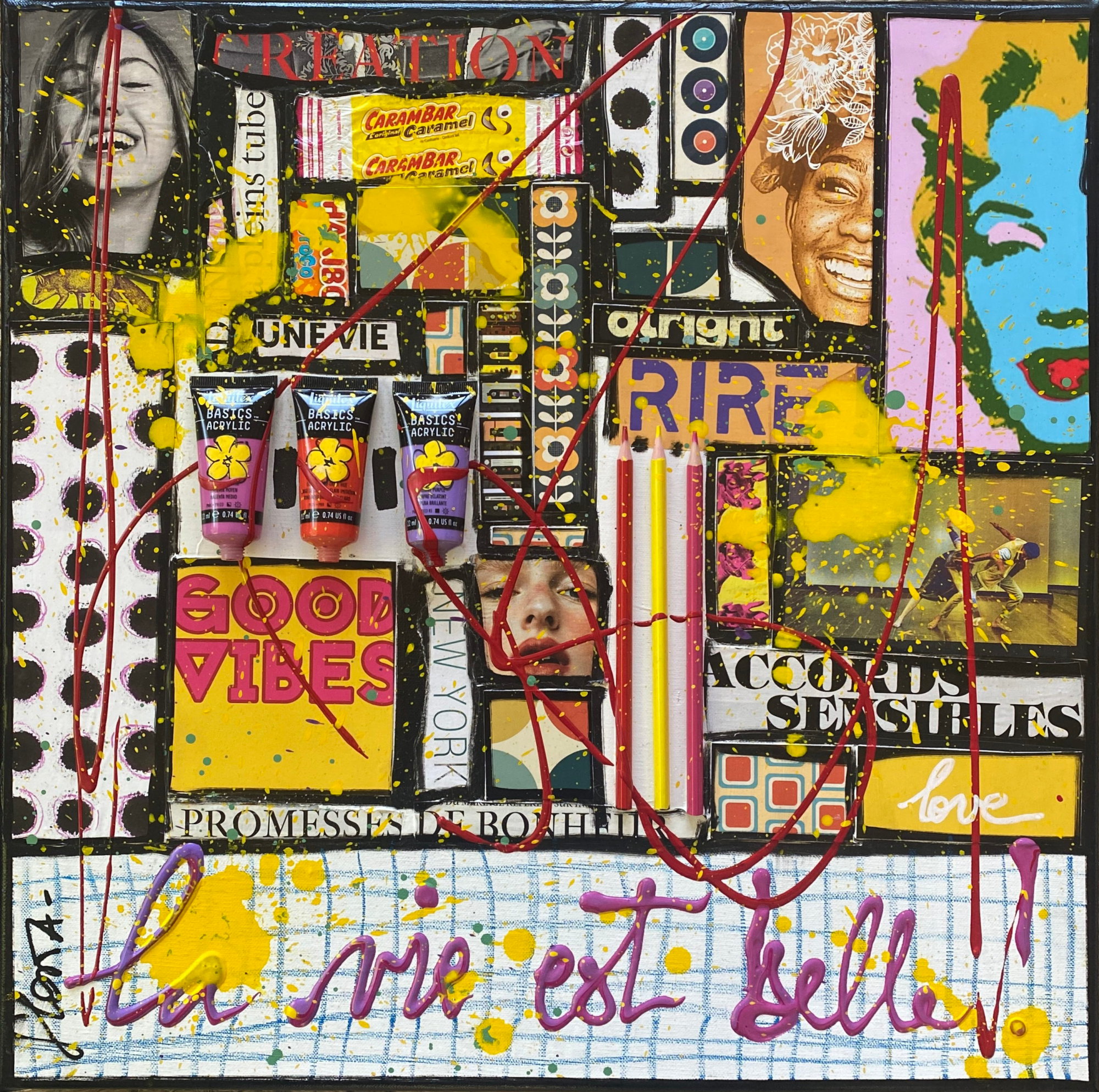 La vie est belle ! : tableau de Sophie Costa, artiste peintre collage, multicolore, la vie est belle Tableau Contemporain, La vie est belle !. Sophie Costa, artiste peintre.