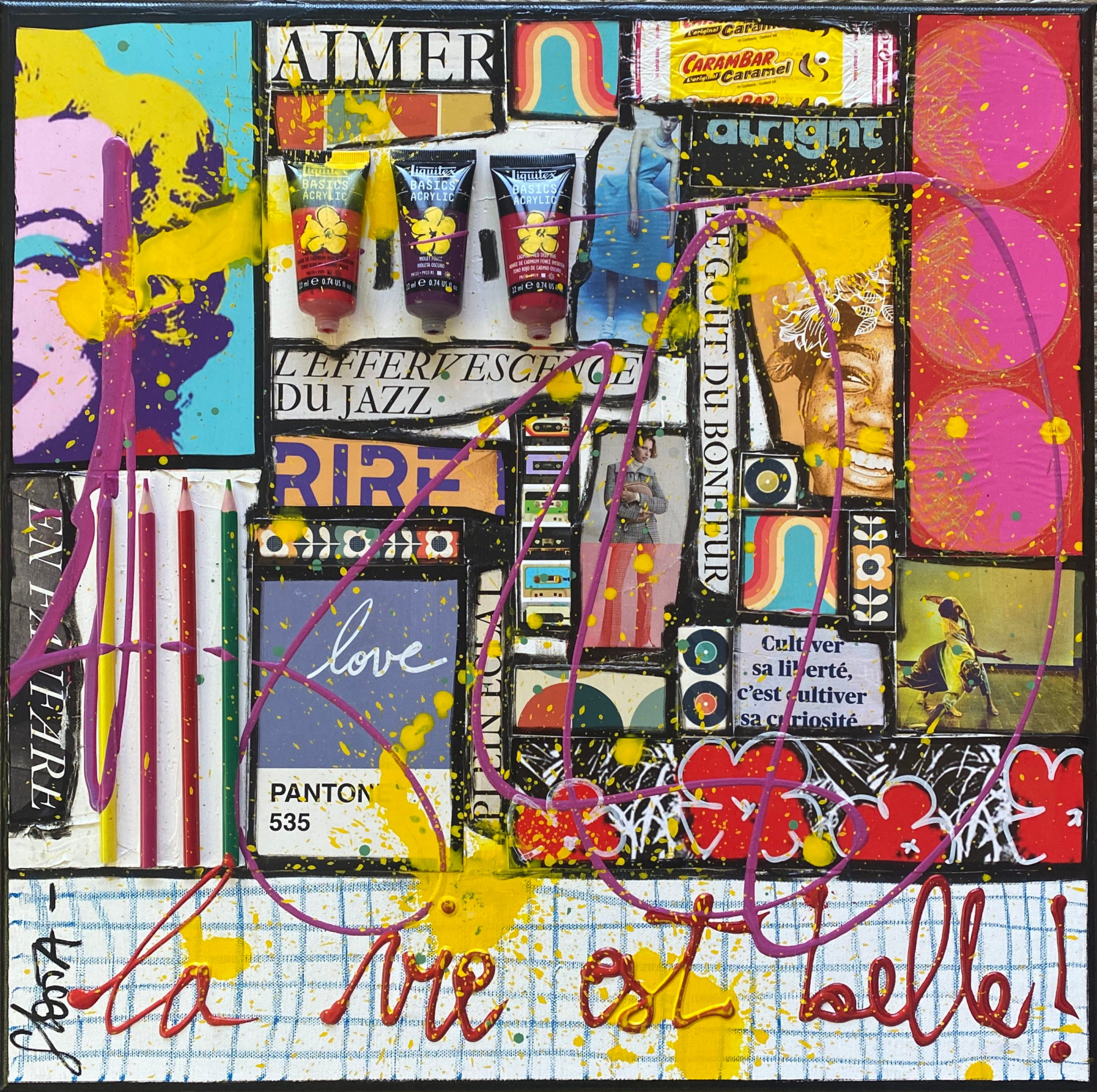 collage, multicolore, pop art Tableau Contemporain, La vie est belle !. Sophie Costa, artiste peintre.