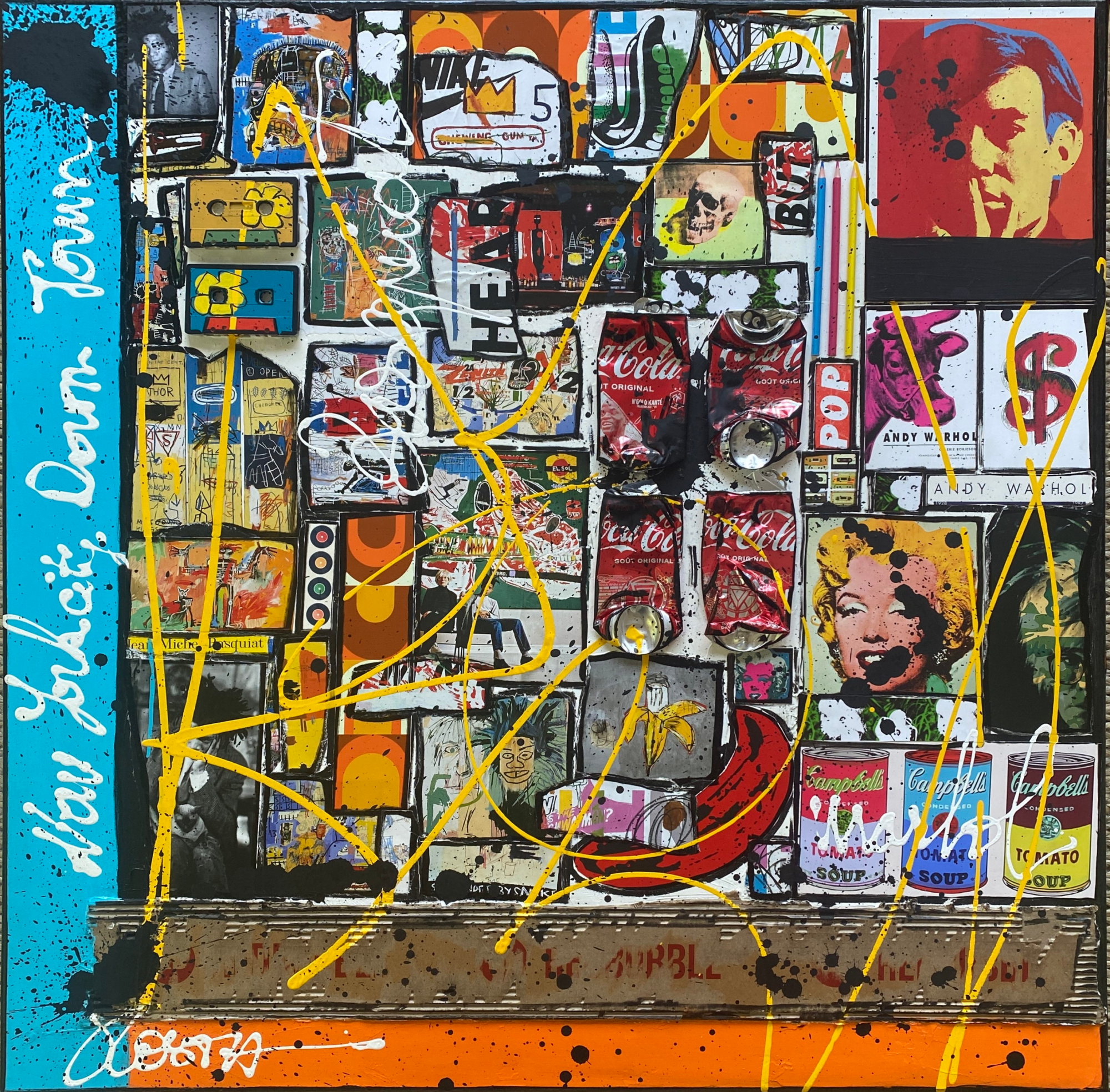 Conversations entre Basquiat et Warhol : tableau de Sophie Costa, artiste peintre basquiat, warhol, collage, multicolore Tableau Contemporain, Conversations entre Basquiat et Warhol. Sophie Costa, artiste peintre.