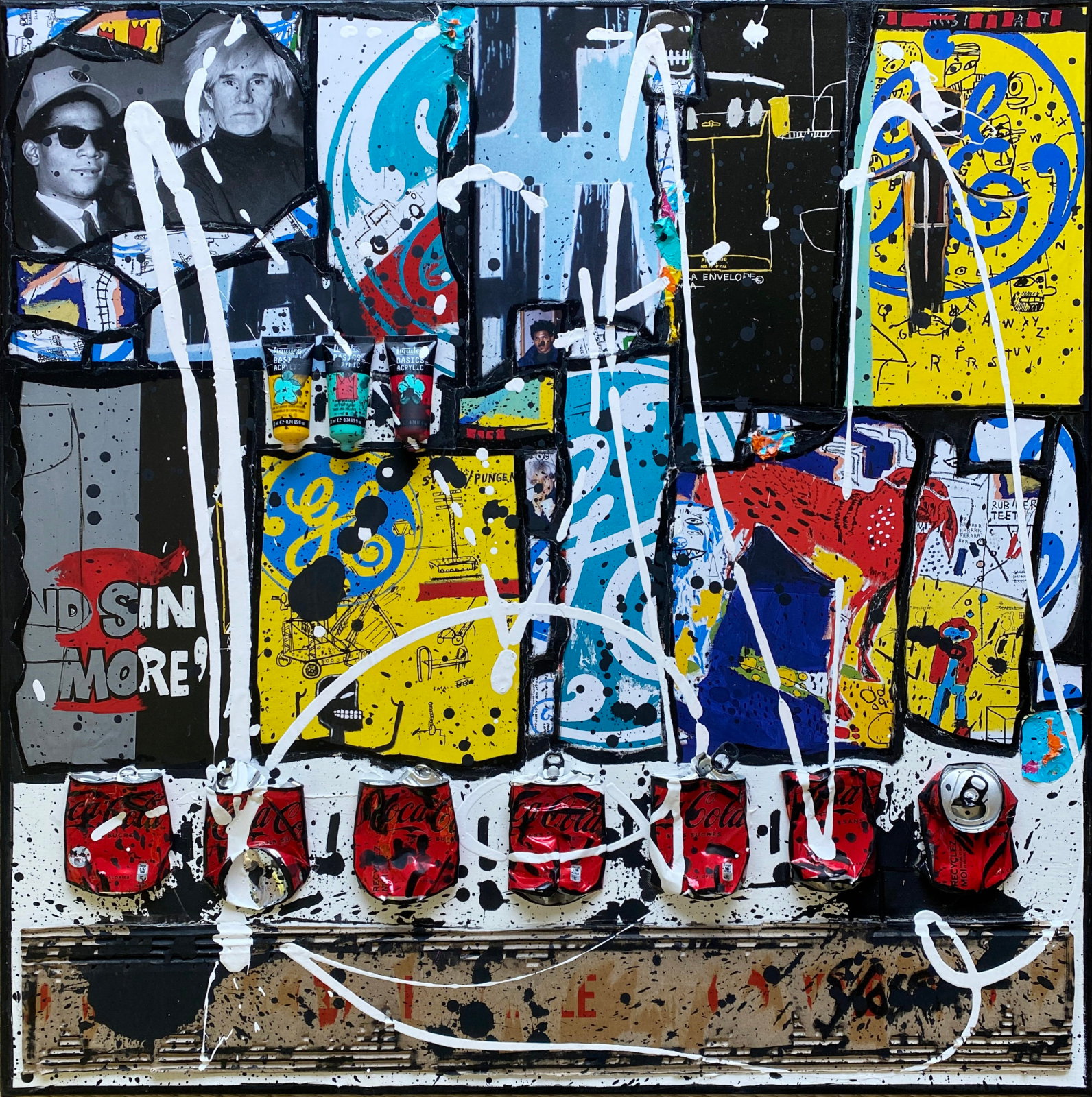 Conversations entre Basquiat et Warhol : tableau de Sophie Costa, artiste peintre collage, warhol, basquiat Tableau Contemporain, Conversations entre Basquiat et Warhol. Sophie Costa, artiste peintre.