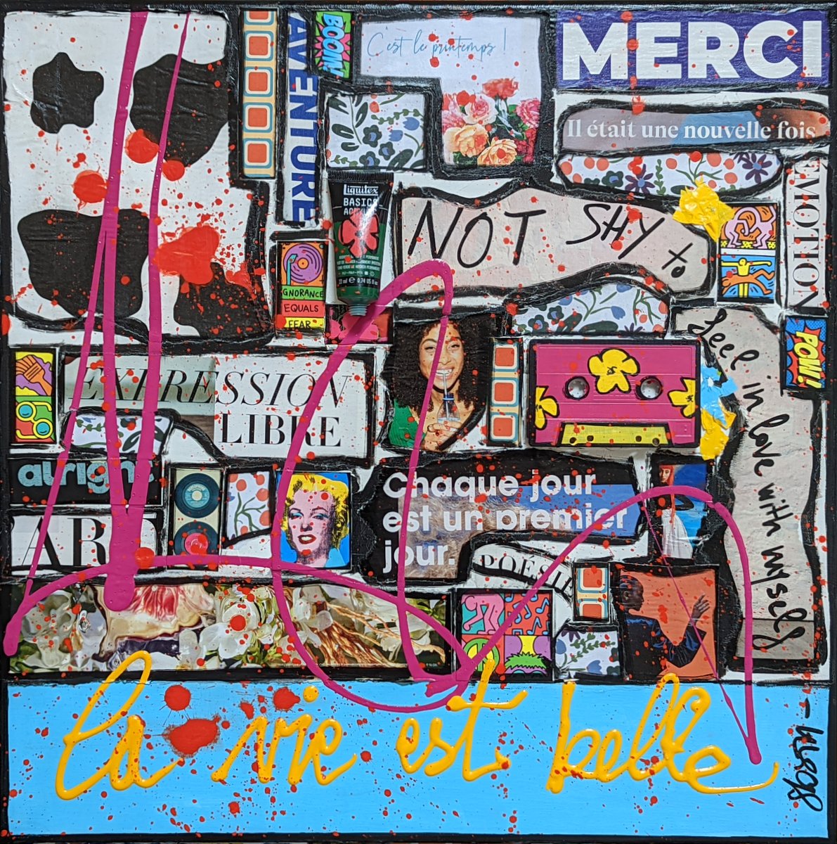 Merci, la vie est belle ! : tableau de Sophie Costa, artiste peintre collage, multicolore, la vie est belle Tableau Contemporain, Merci, la vie est belle !. Sophie Costa, artiste peintre.