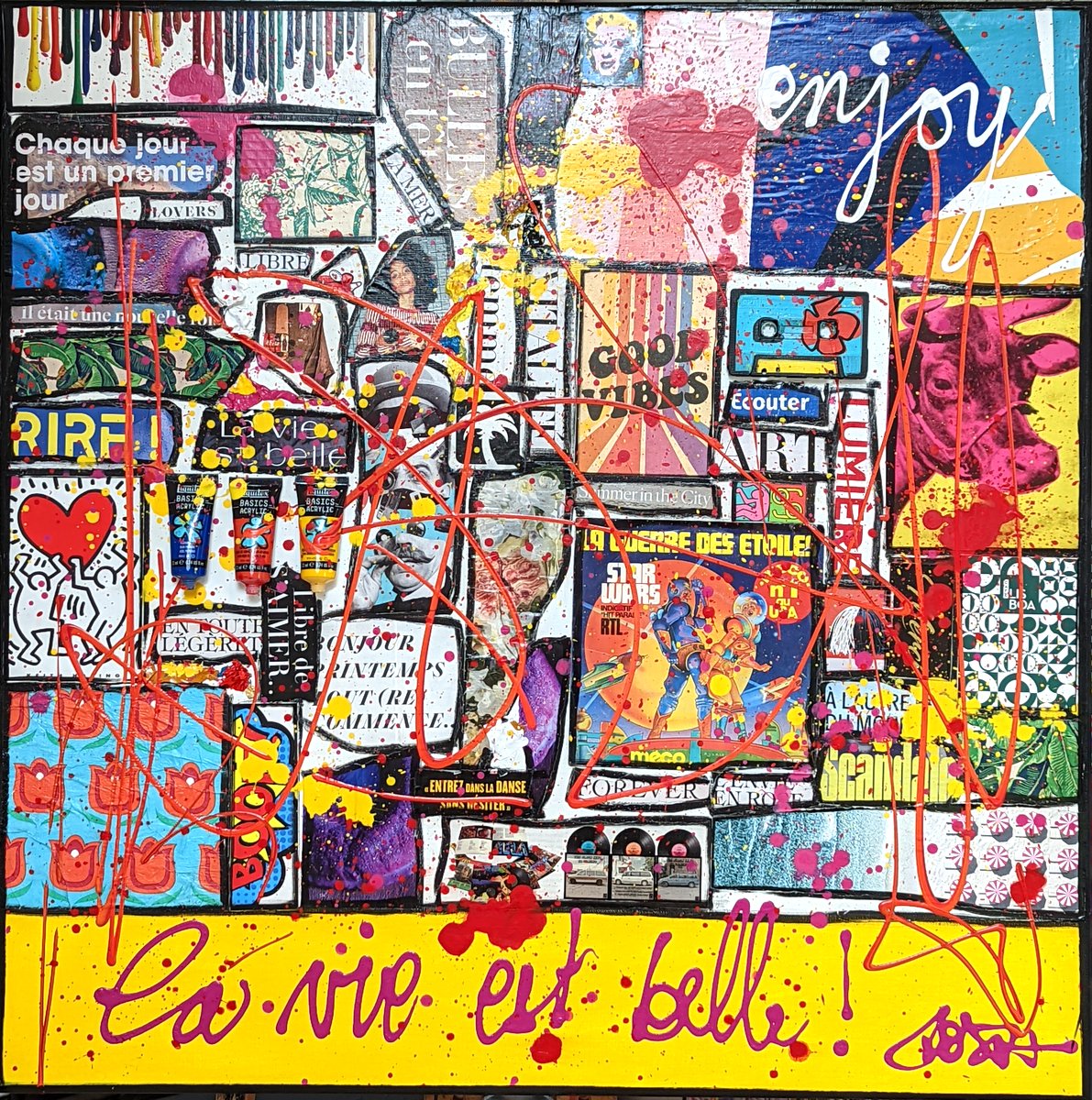 collage, multicolore, enjoy, la vie est belle Tableau Contemporain, Enjoy, la vie est belle !. Sophie Costa, artiste peintre.