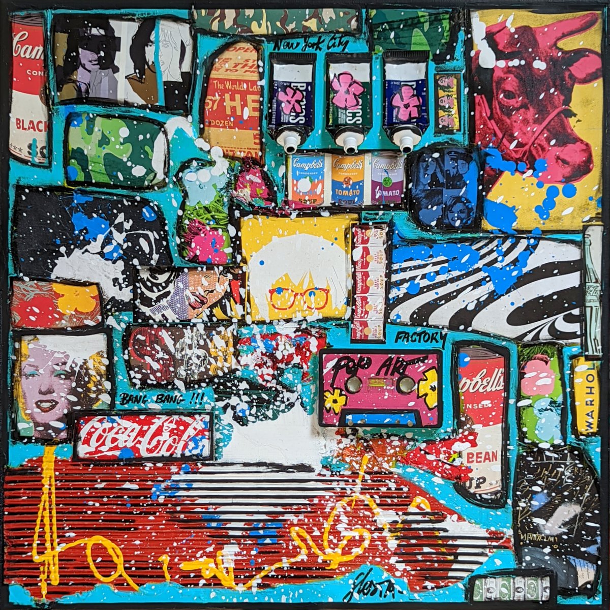 collage, warhol Tableau Contemporain, pop pop pop. Sophie Costa, artiste peintre.