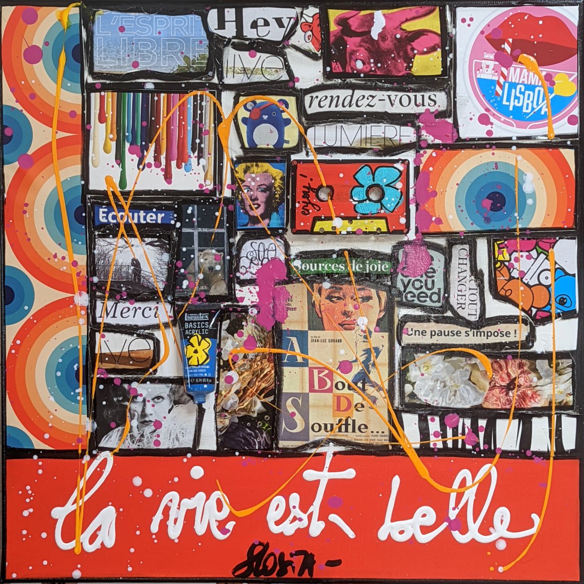 collage, multicolore Tableau Contemporain, Hey, la vie est belle !. Sophie Costa, artiste peintre.