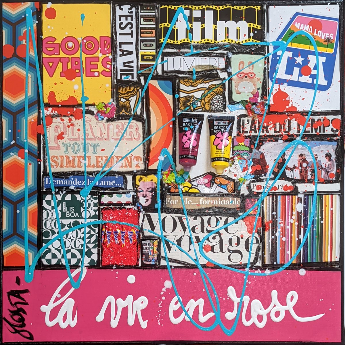 collage, multicolore Tableau Contemporain, La vie en rose. Sophie Costa, artiste peintre.