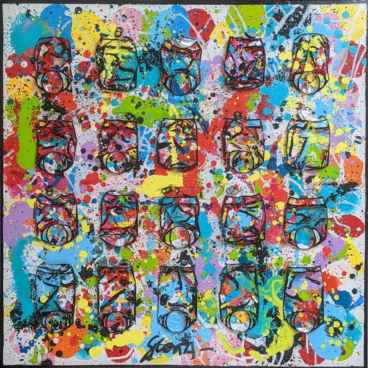 collage, multicolore, canettes compressées Tableau Contemporain, VITAMINS. Sophie Costa, artiste peintre.