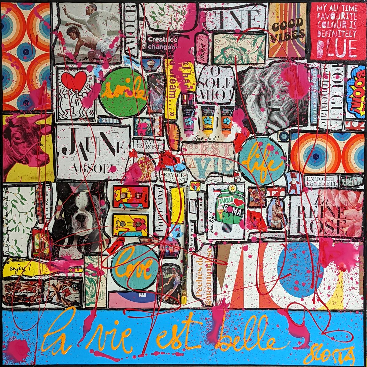 collage, multicolore, enjoy Tableau Contemporain, Smile, la vie est belle !. Sophie Costa, artiste peintre.