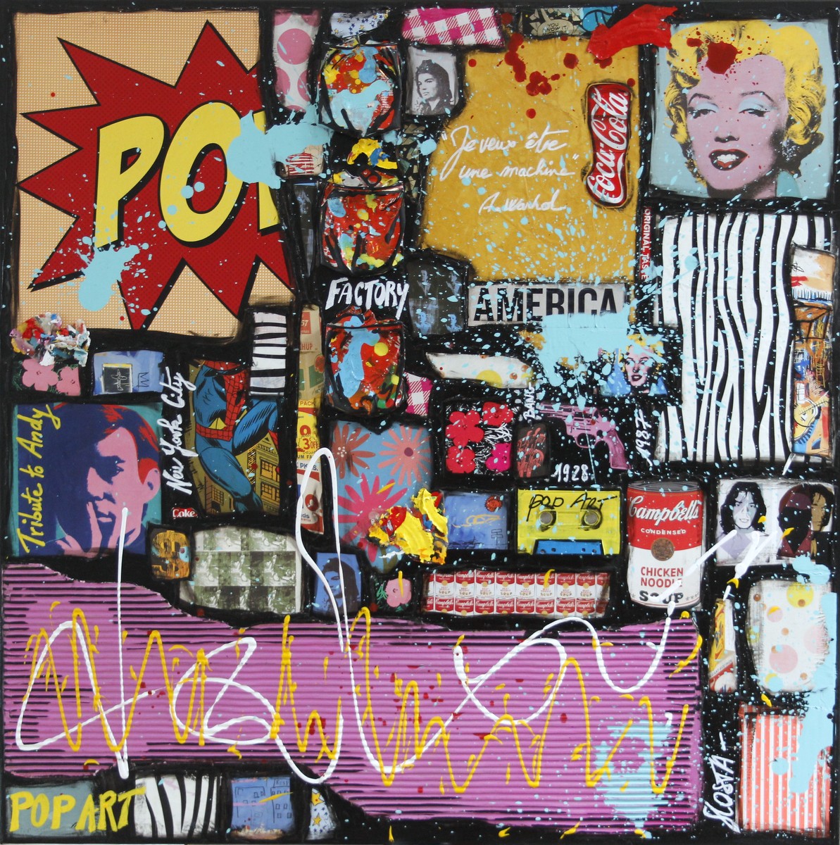 collage, popart, andy warhol Tableau Contemporain, Tribute to Andy # 2. Sophie Costa, artiste peintre.