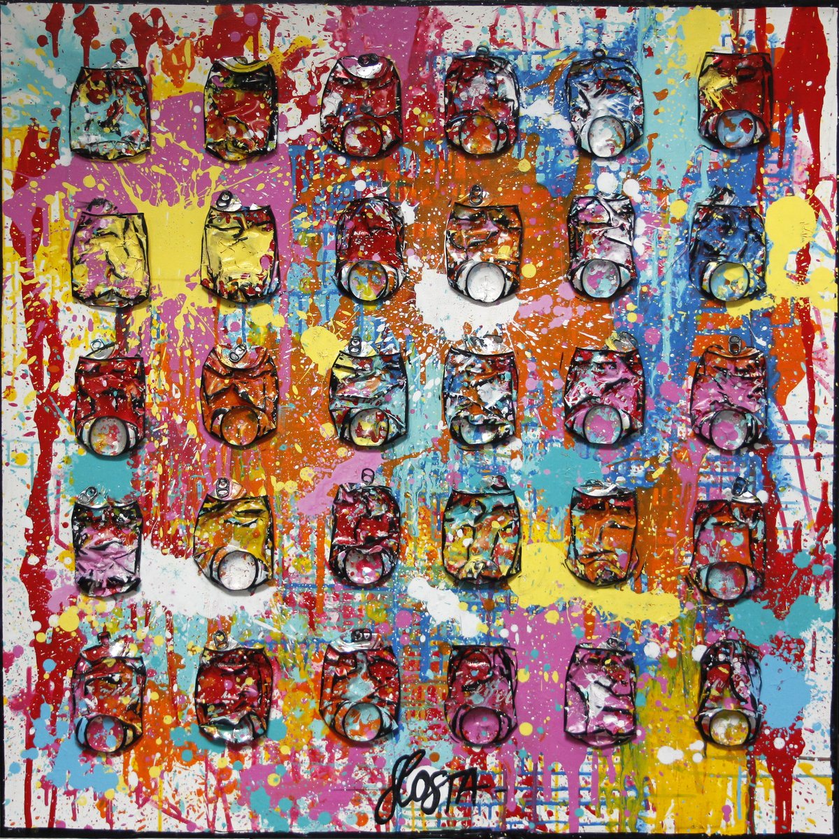 collage, cocacola, canettes compressées, multicolore Tableau Contemporain, SPLASH. Sophie Costa, artiste peintre.