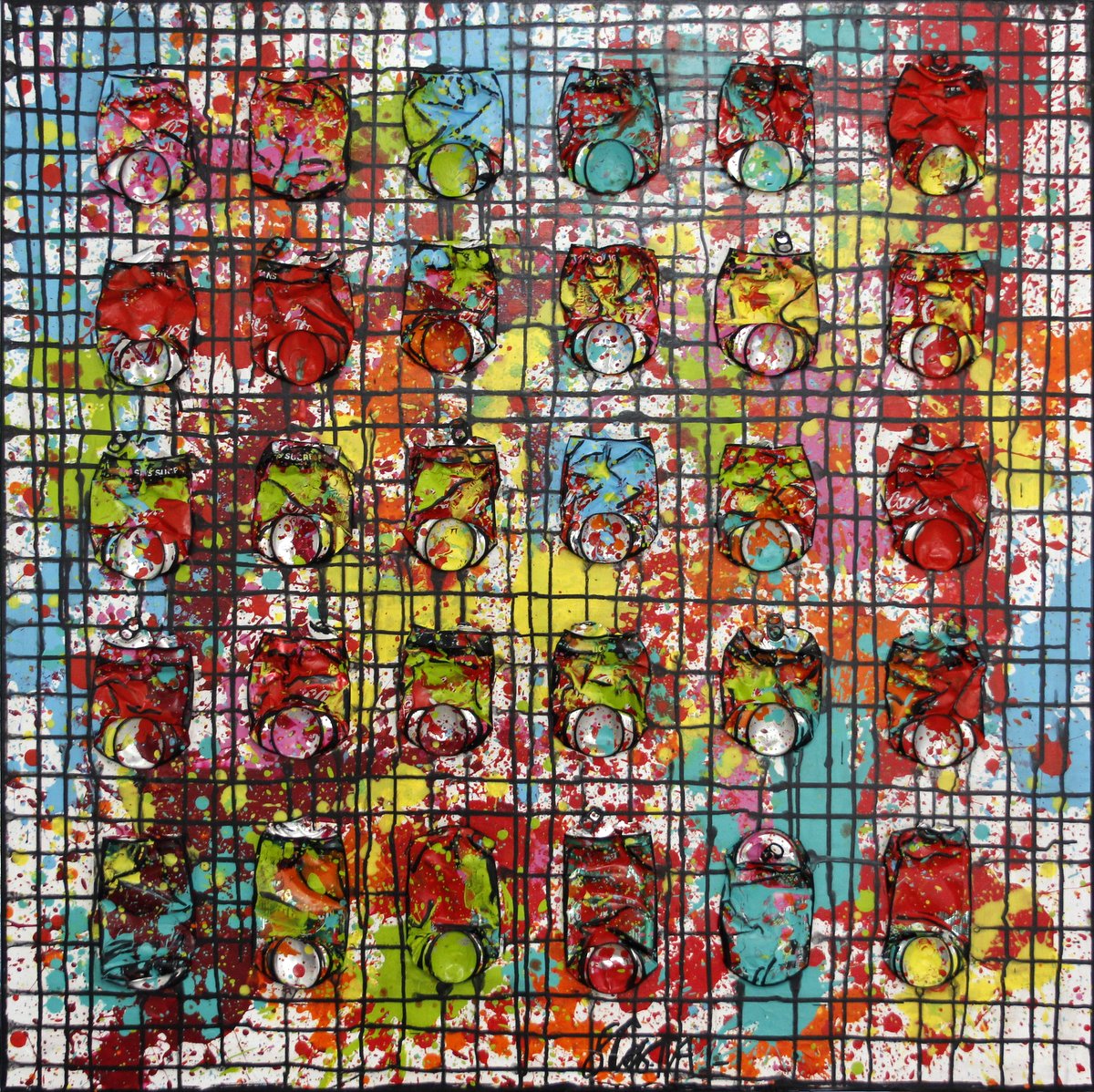 canettes de  soda compressées, multicolore, quadrillage Tableau Contemporain, Black Network. Sophie Costa, artiste peintre.