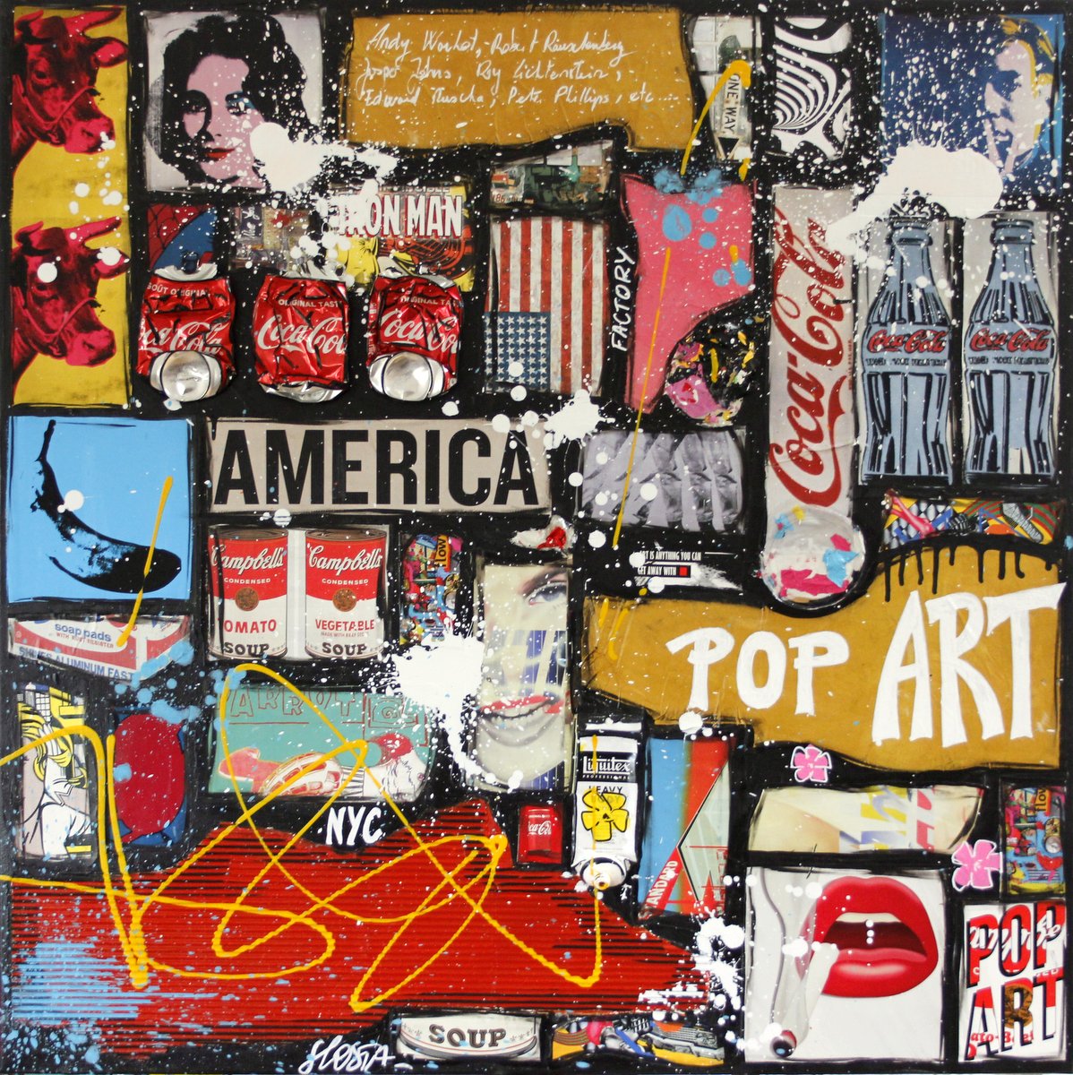 popart, collage, multicolore Tableau Contemporain, POP AMERICA. Sophie Costa, artiste peintre.