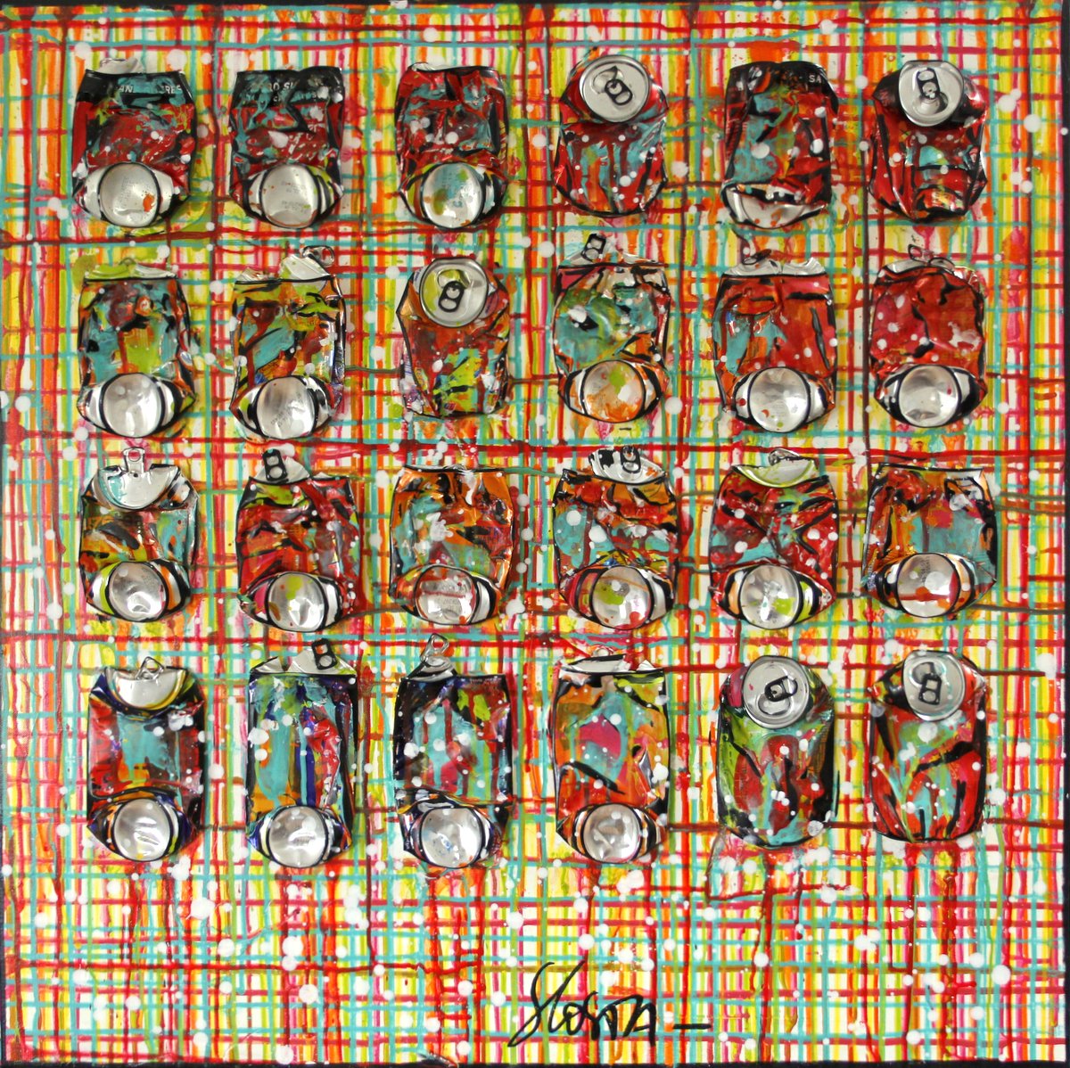 collage, soda, canettes compressées, multicolore Tableau Contemporain, SPRING. Sophie Costa, artiste peintre.