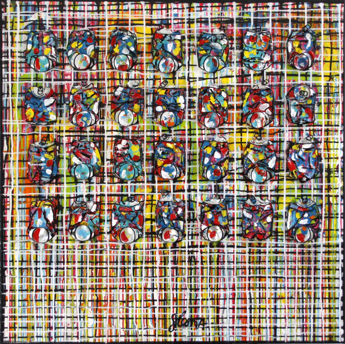 multicolore, quadrillage, dripping, centtes compressées Tableau Contemporain, COMPLEXITY. Sophie Costa, artiste peintre.