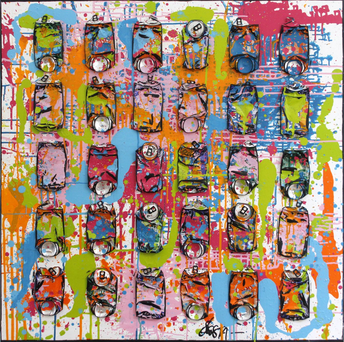 crushed cans, canettes compressées, multicolore, collage Tableau Contemporain, Spring is coming. Sophie Costa, artiste peintre.