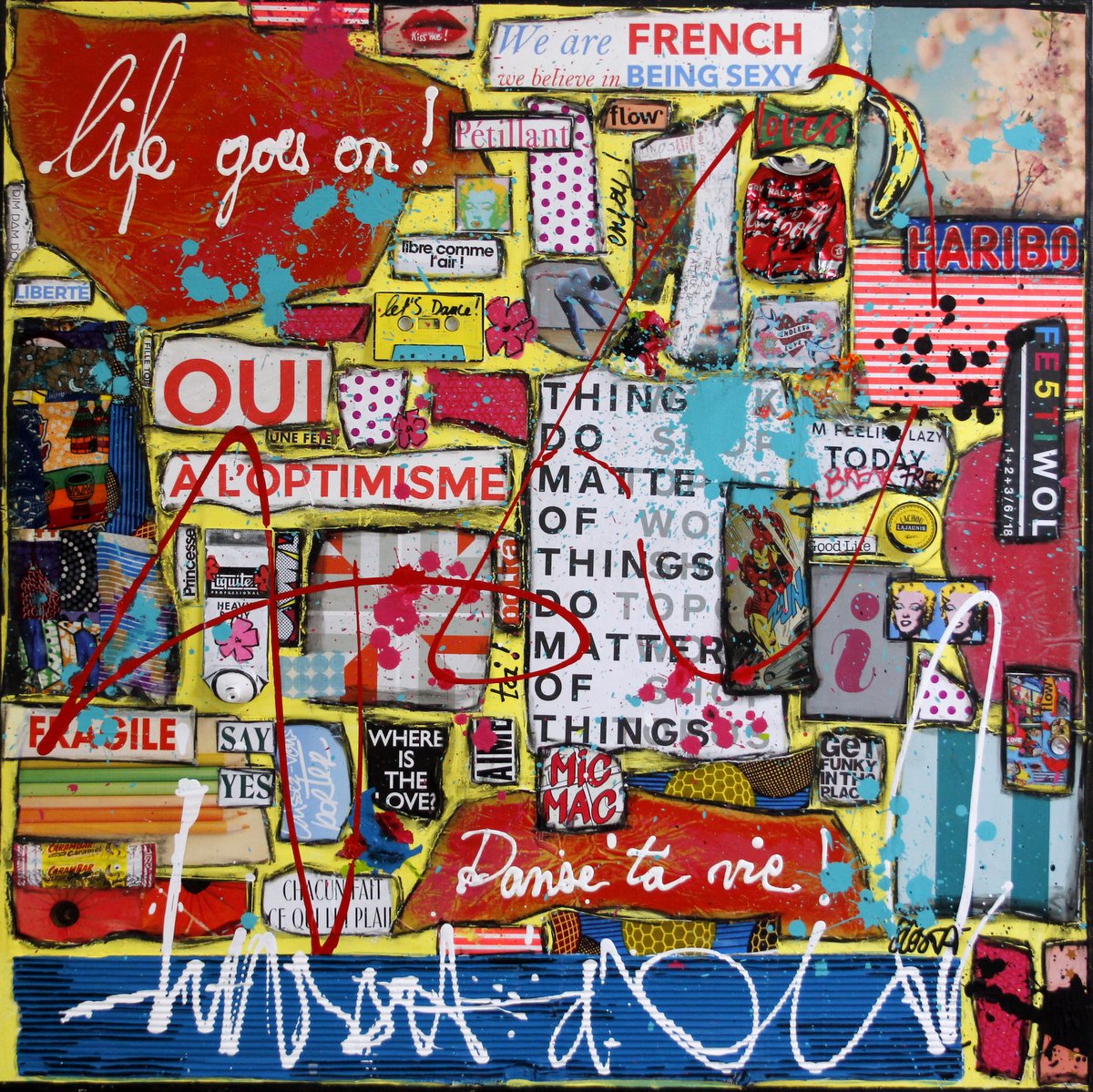 collage, multicolore Tableau Contemporain, Life goes on !. Sophie Costa, artiste peintre.