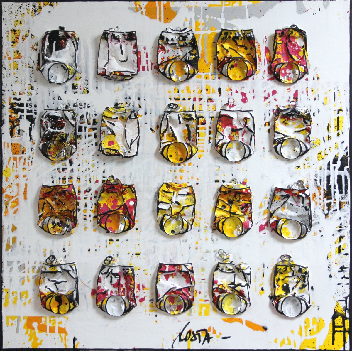 canettes compressees, upcycling, collage Tableau Contemporain, LIGHTNESS. Sophie Costa, artiste peintre.