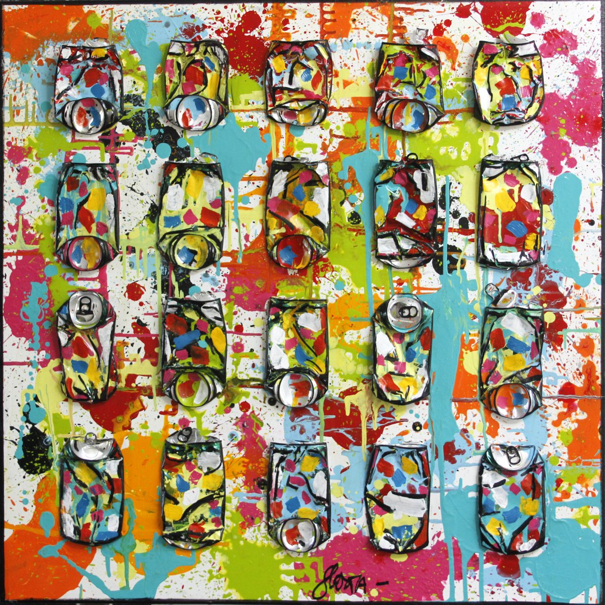 canettes compressées, upcycling, collage, colorful Tableau Contemporain, Colorful Life. Sophie Costa, artiste peintre.