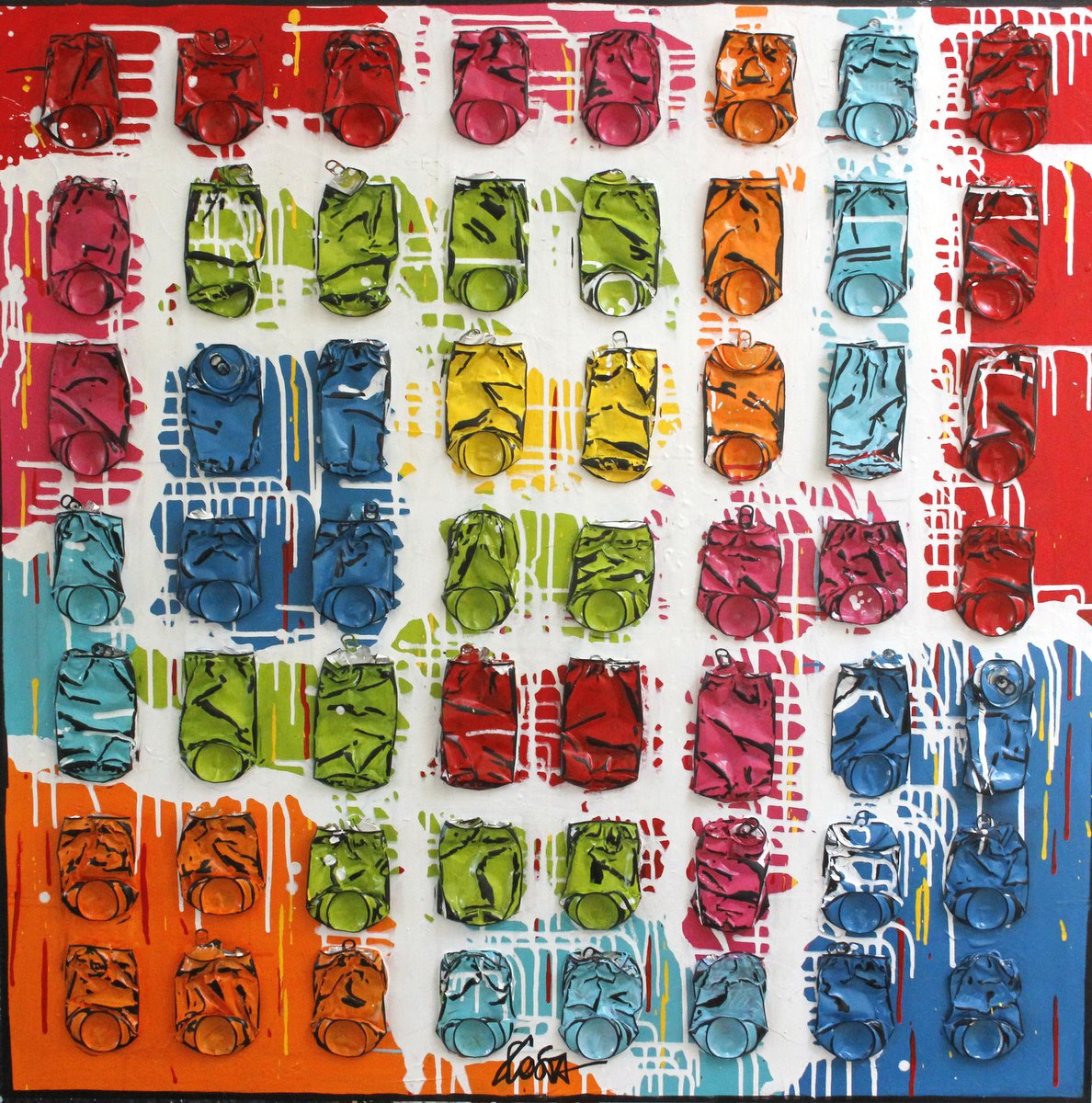 collage, canettes compressées, multicolore Tableau Contemporain, Put colors in your life. Sophie Costa, artiste peintre.