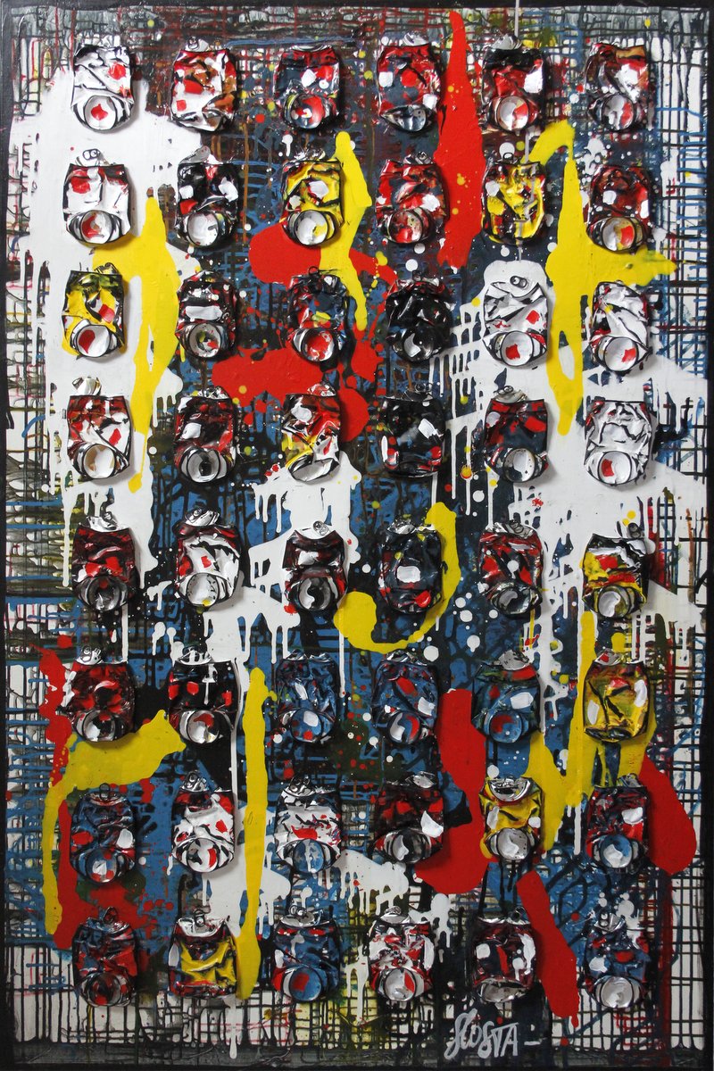 collage, canettes de coac, multicolore Tableau Contemporain, Plein feux. Sophie Costa, artiste peintre.