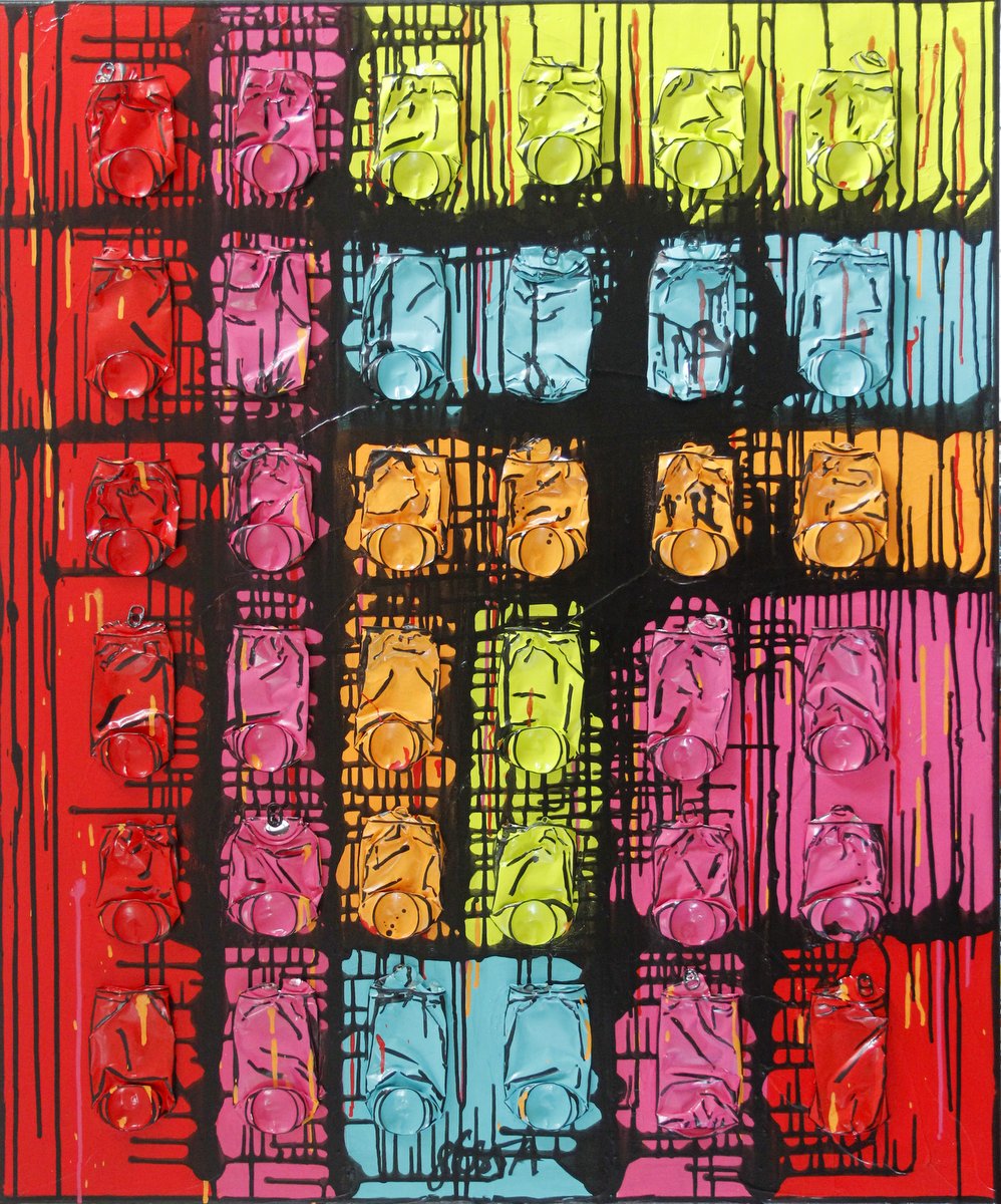 collage, canettes compressées, multicolore Tableau Contemporain, Put colors in your mind. Sophie Costa, artiste peintre.