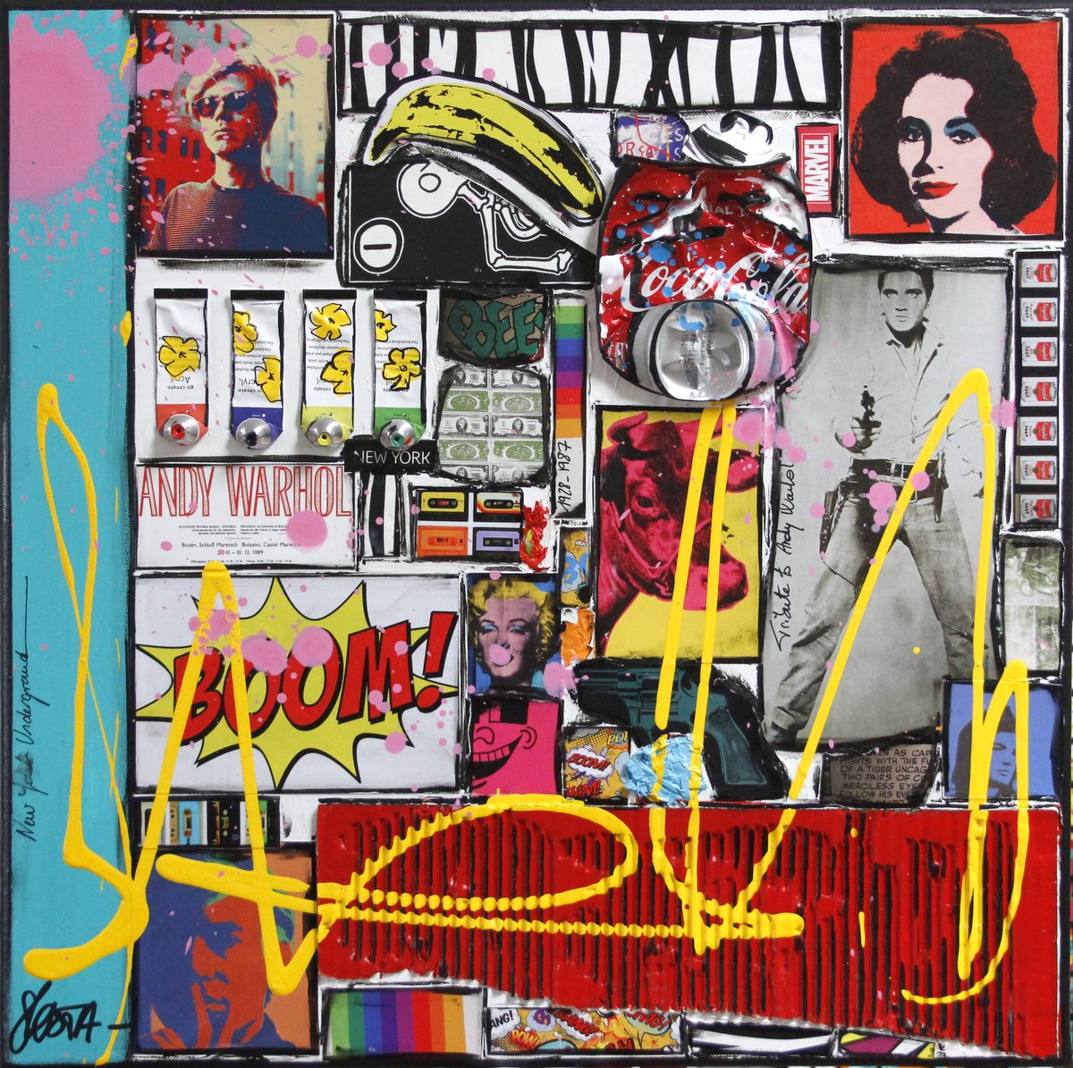 collage, pop art, warhol Tableau Contemporain, Warhol Attitude. Sophie Costa, artiste peintre.