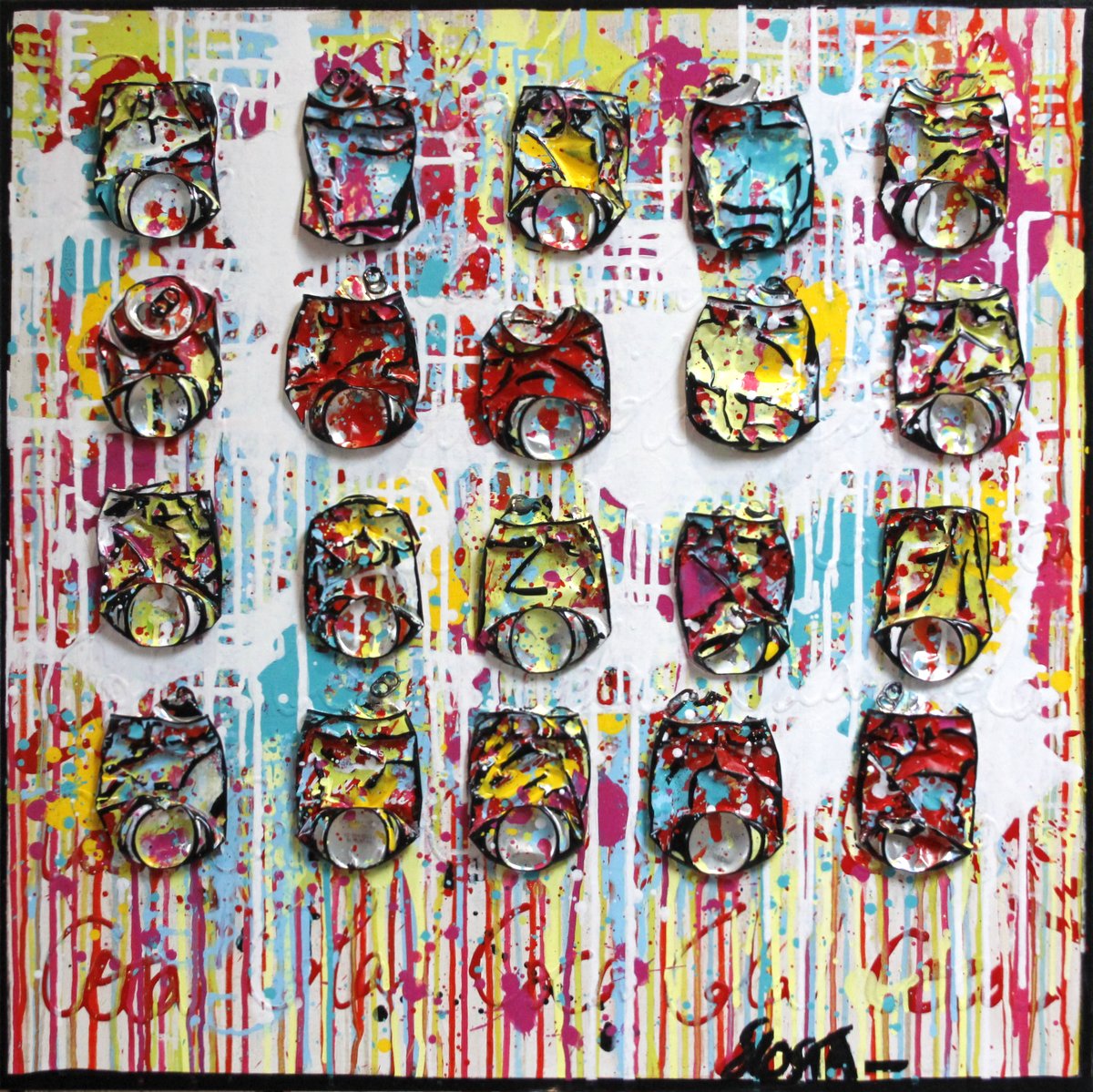 collage, multicolore, canettes recyclées et compressées Tableau Contemporain, Morning lights. Sophie Costa, artiste peintre.