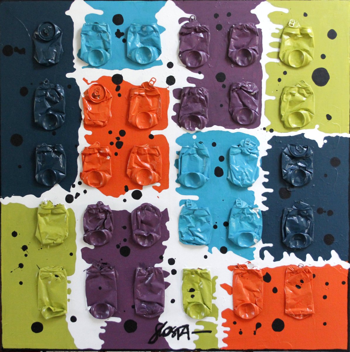 collage, canettes compressées, multicolore Tableau Contemporain, Puzzle cans 2. Sophie Costa, artiste peintre.
