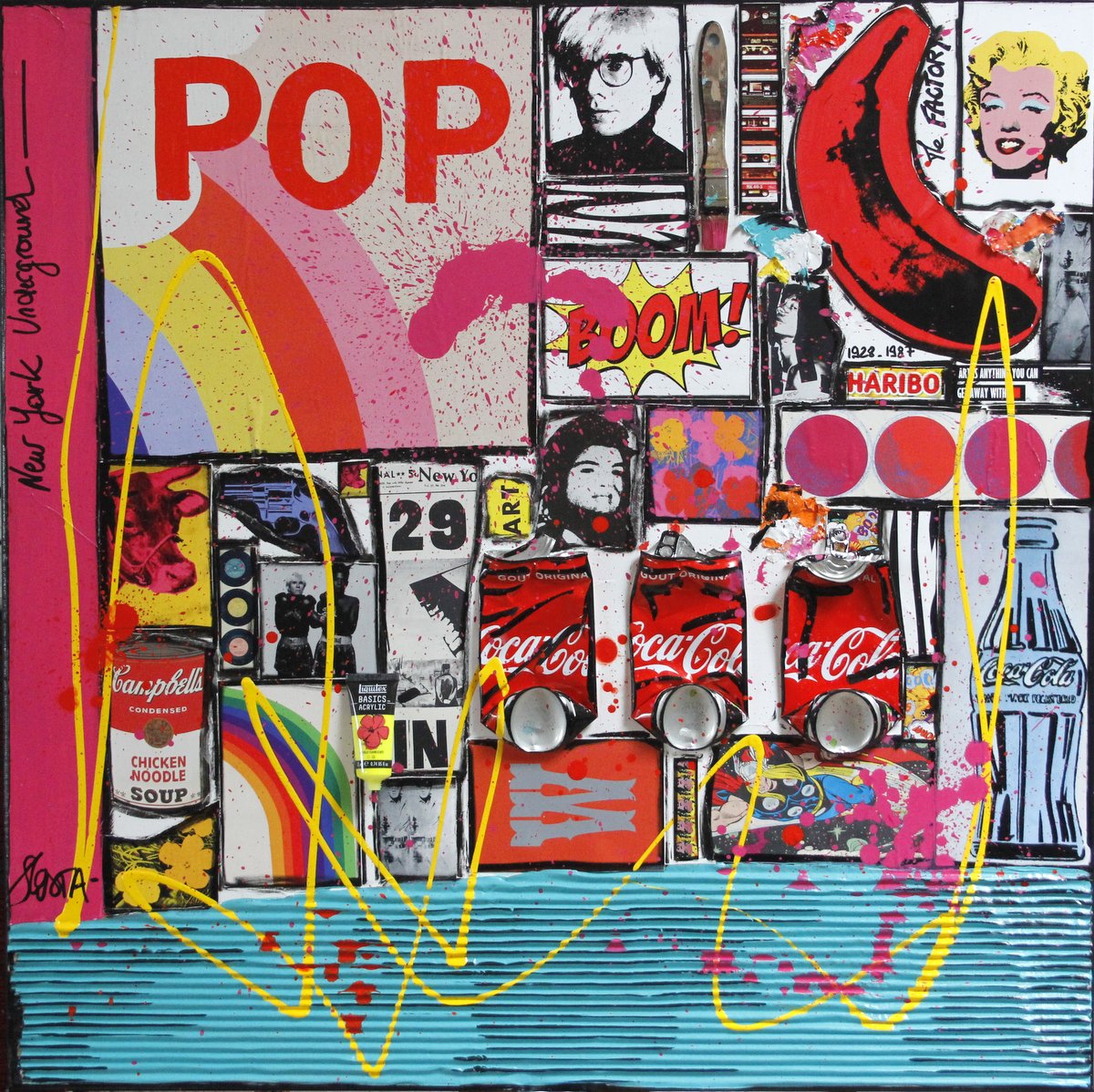 collage, pop art, multicolore Tableau Contemporain, Red Banana. Sophie Costa, artiste peintre.