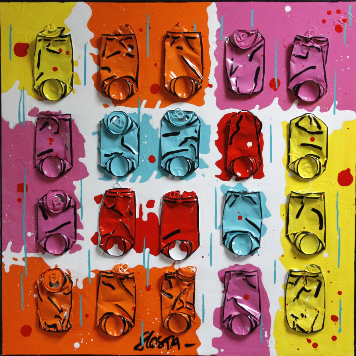 canettes compressées, collage, multicolore Tableau Contemporain, CANDY. Sophie Costa, artiste peintre.