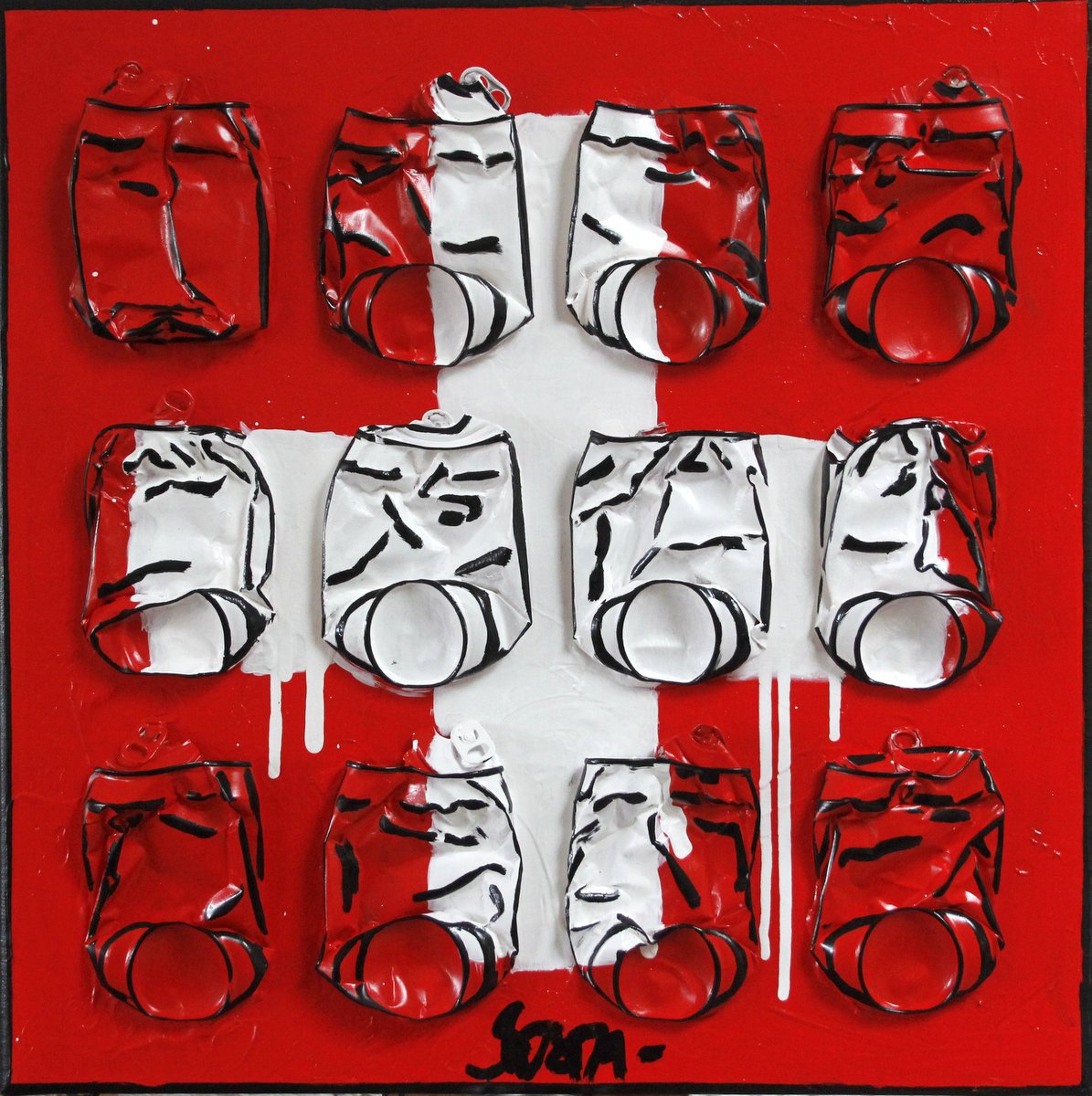 collage, canettes ecrasées, cocacola, suisse Tableau Contemporain, Swiss coke. Sophie Costa, artiste peintre.