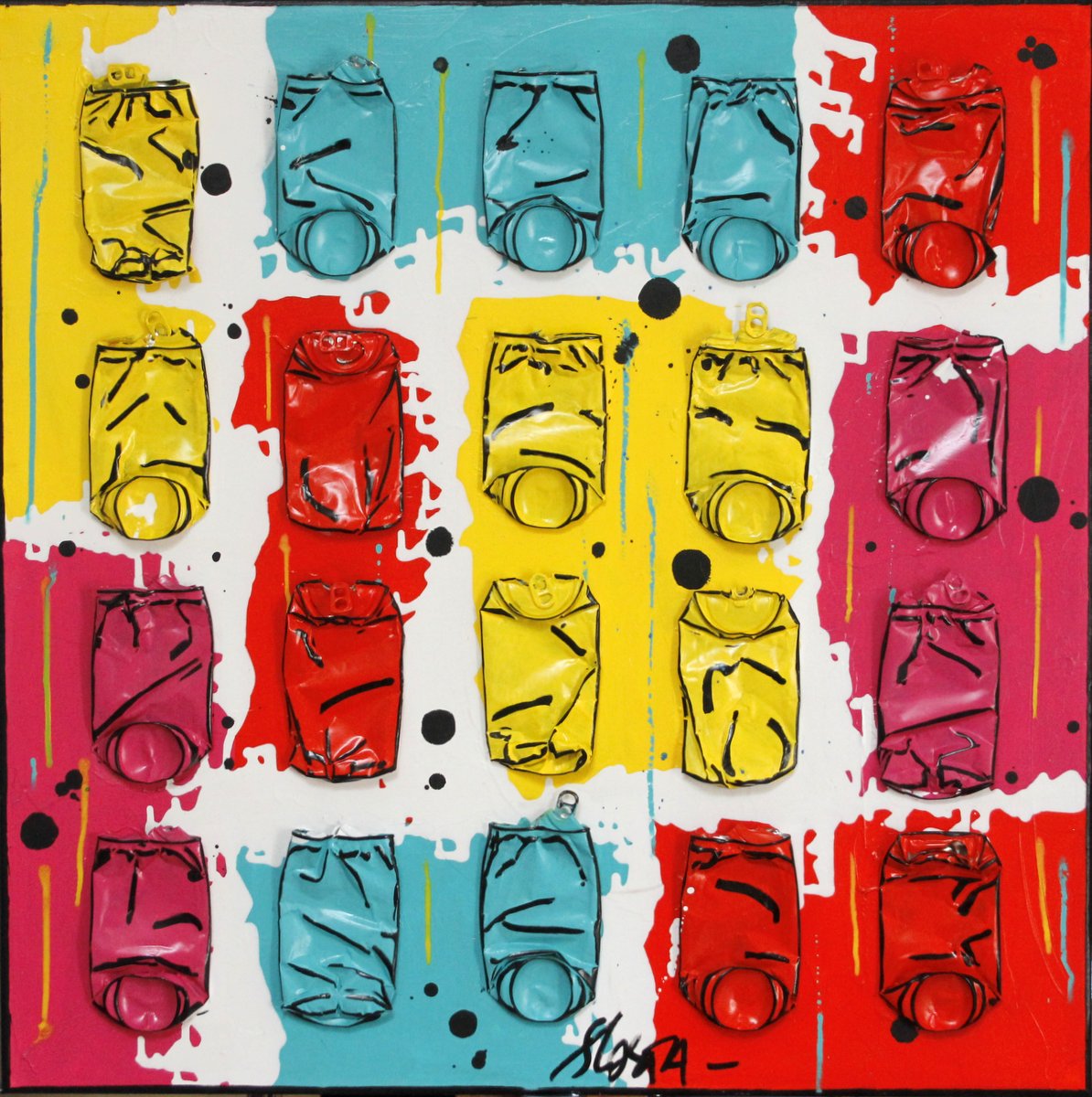collage, multicolore, canettes compressées Tableau Contemporain, CANDY # 2. Sophie Costa, artiste peintre.