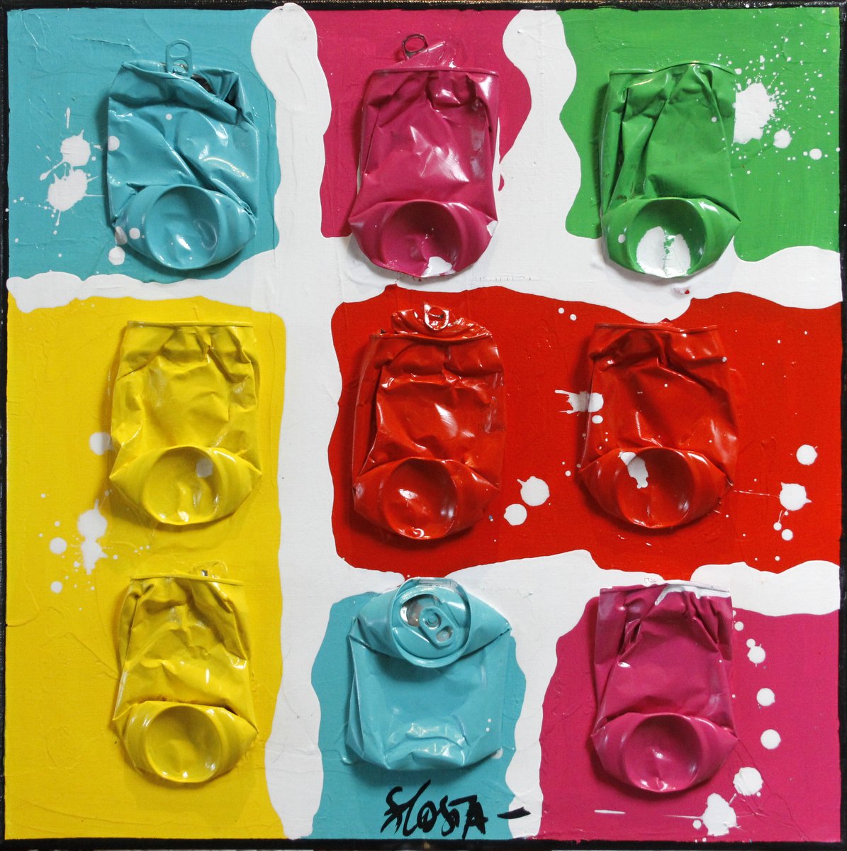 collage, canettes compressées, multicolore Tableau Contemporain, Mini candy. Sophie Costa, artiste peintre.
